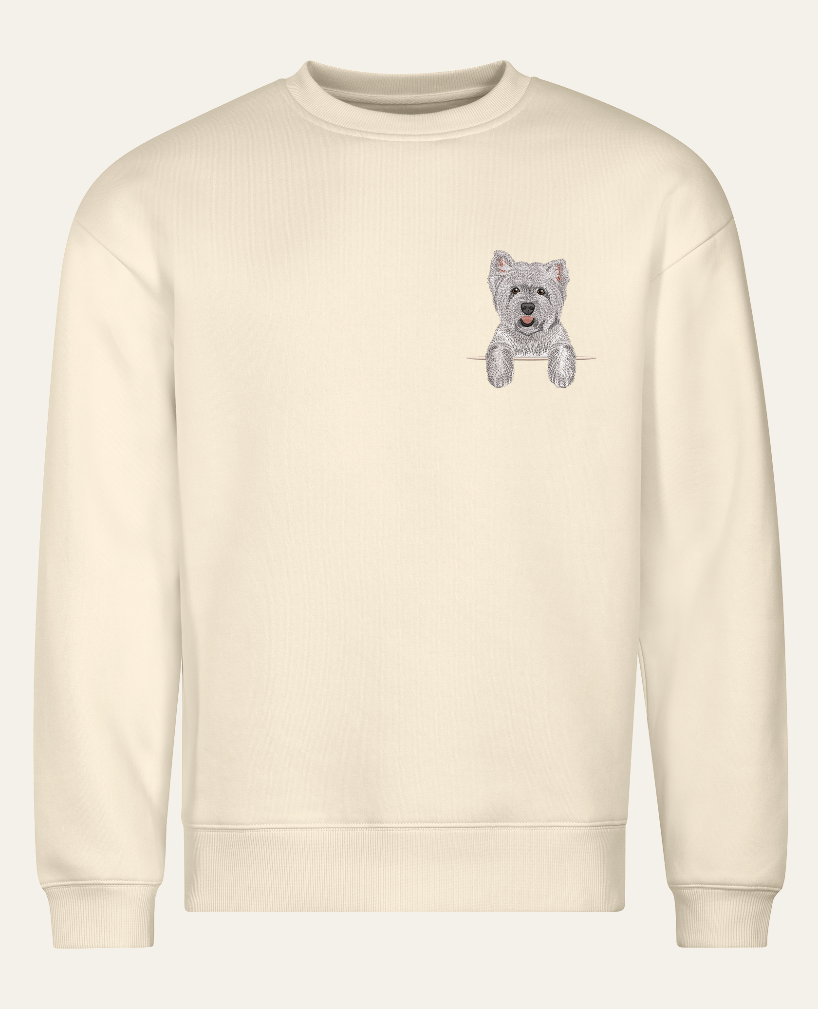 West Highland White Terrier – bluza z haftem, piaskowa (cała sylwetka)