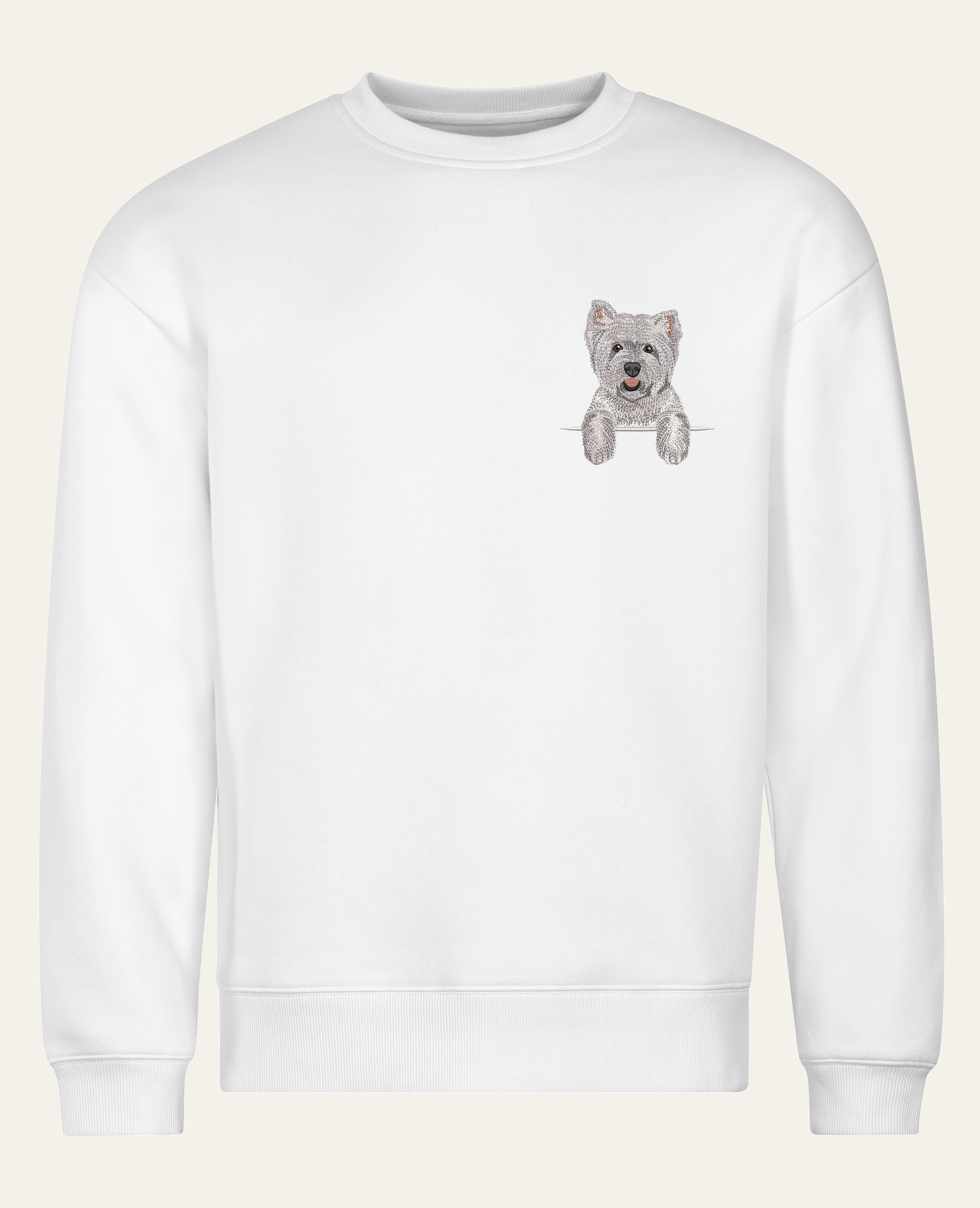 West Highland White Terrier – bluza z haftem, biała (cała sylwetka)
