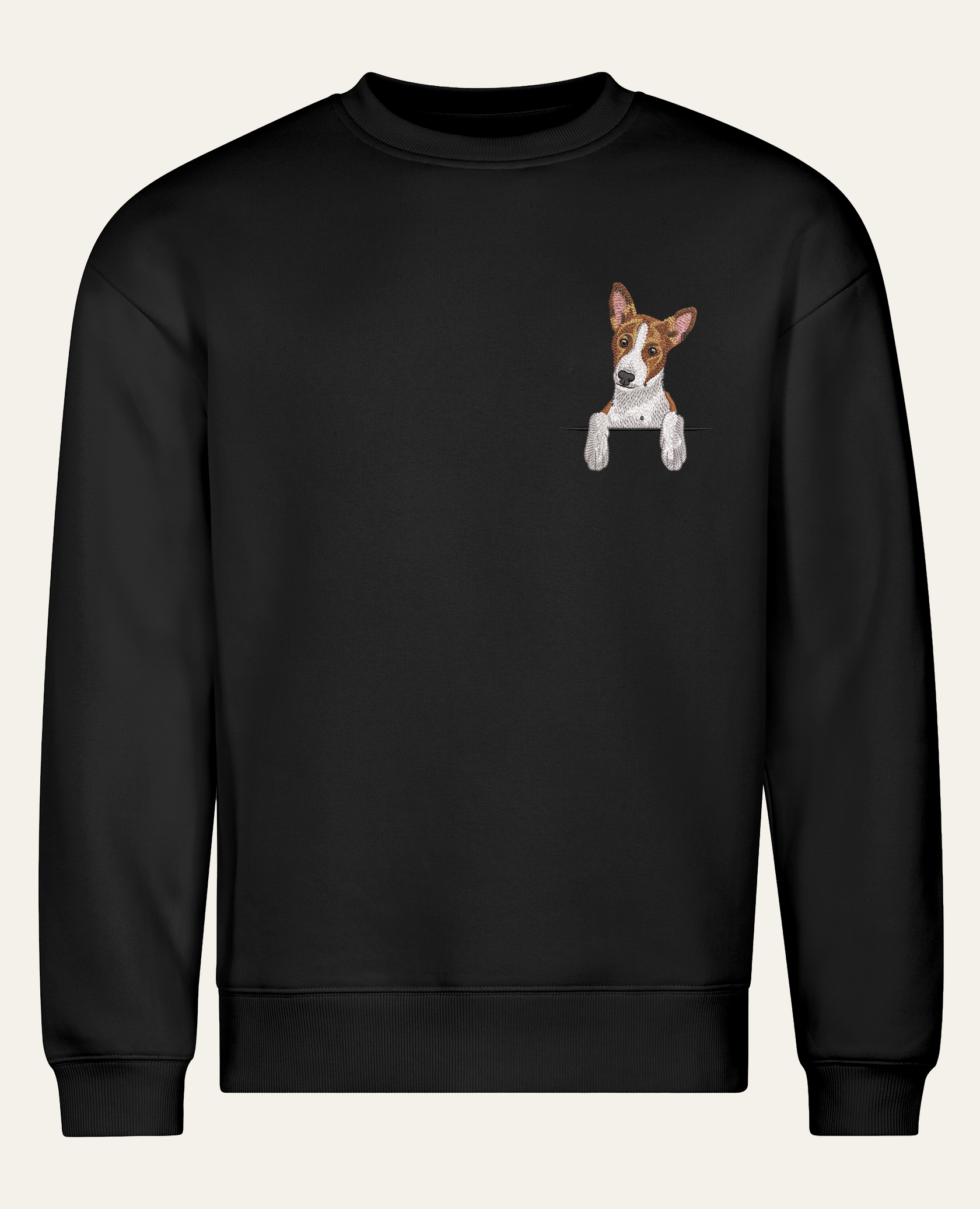 Basenji (brązowy) – bluza z haftem, czarny, cała sylwetka