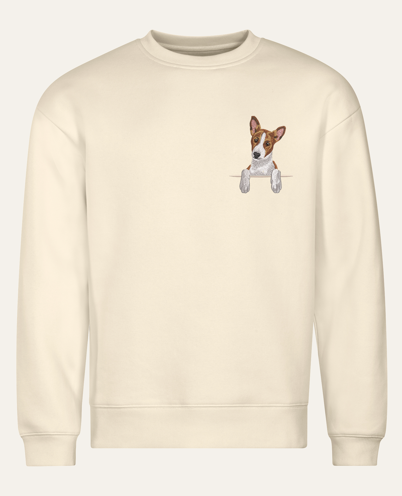 Basenji (brązowy) – bluza z haftem, piaskowy, cała sylwetka