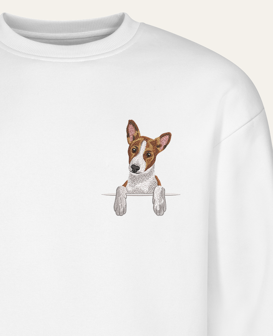 Basenji (brązowy) – bluza z haftem, biały