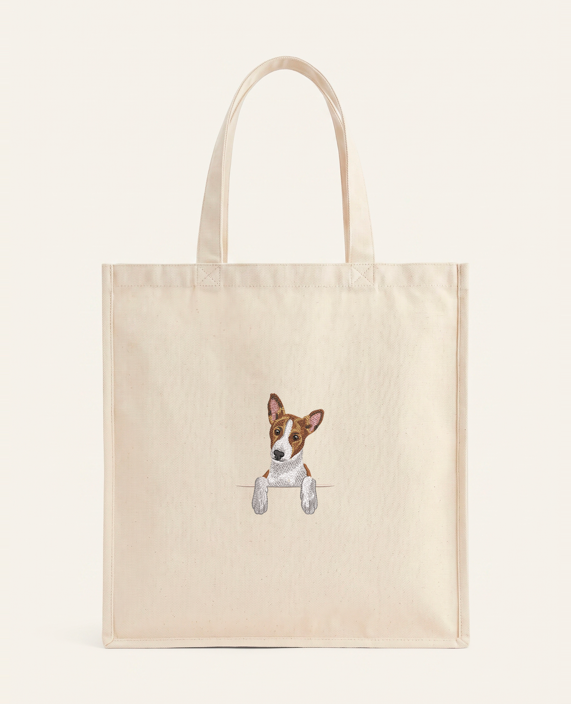 Basenji (brązowy) – torba z haftem, piaskowa