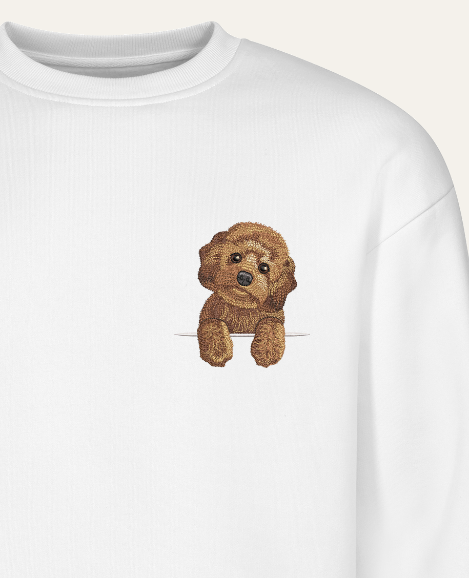 Maltipoo (brązowy) – bluza z haftem, biała (zbliżenie)
