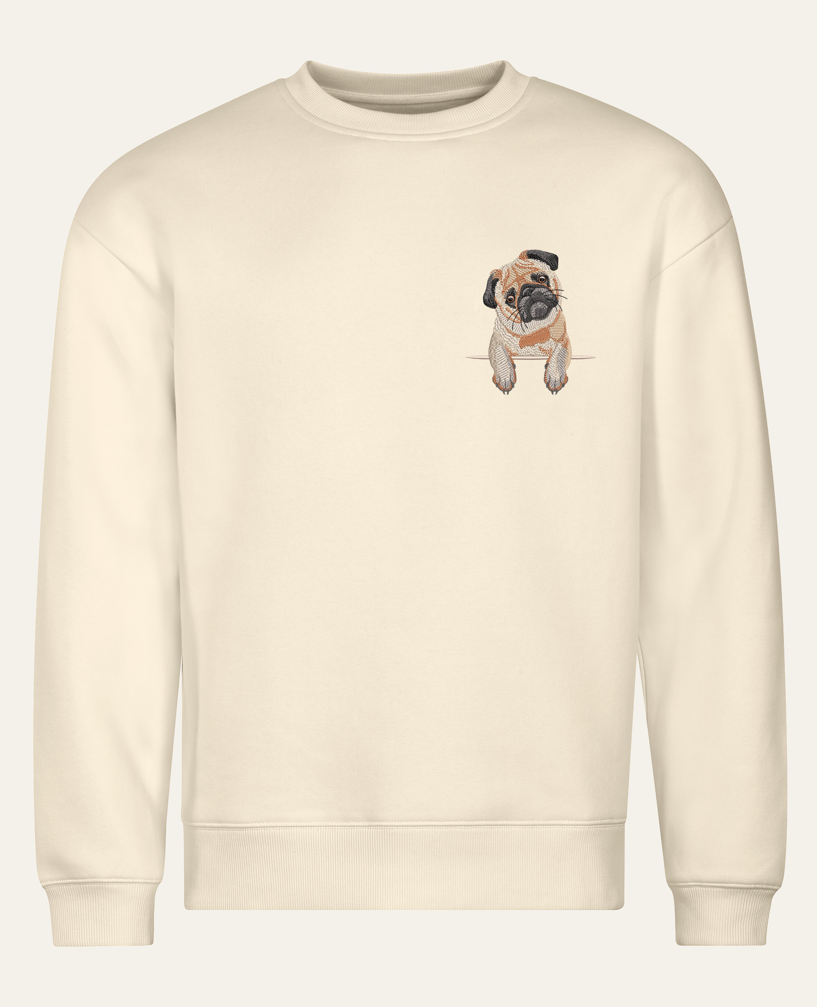 Mops (beżowy) – bluza z haftem, piaskowa (cała sylwetka)