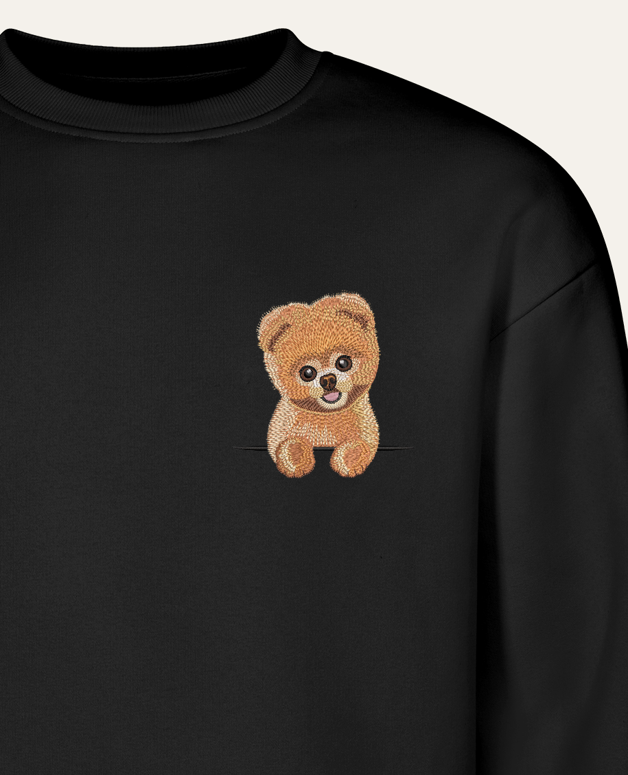Szpic miniaturowy (Pomeranian) strzyżony (rudy) – bluza z haftem, czarny
