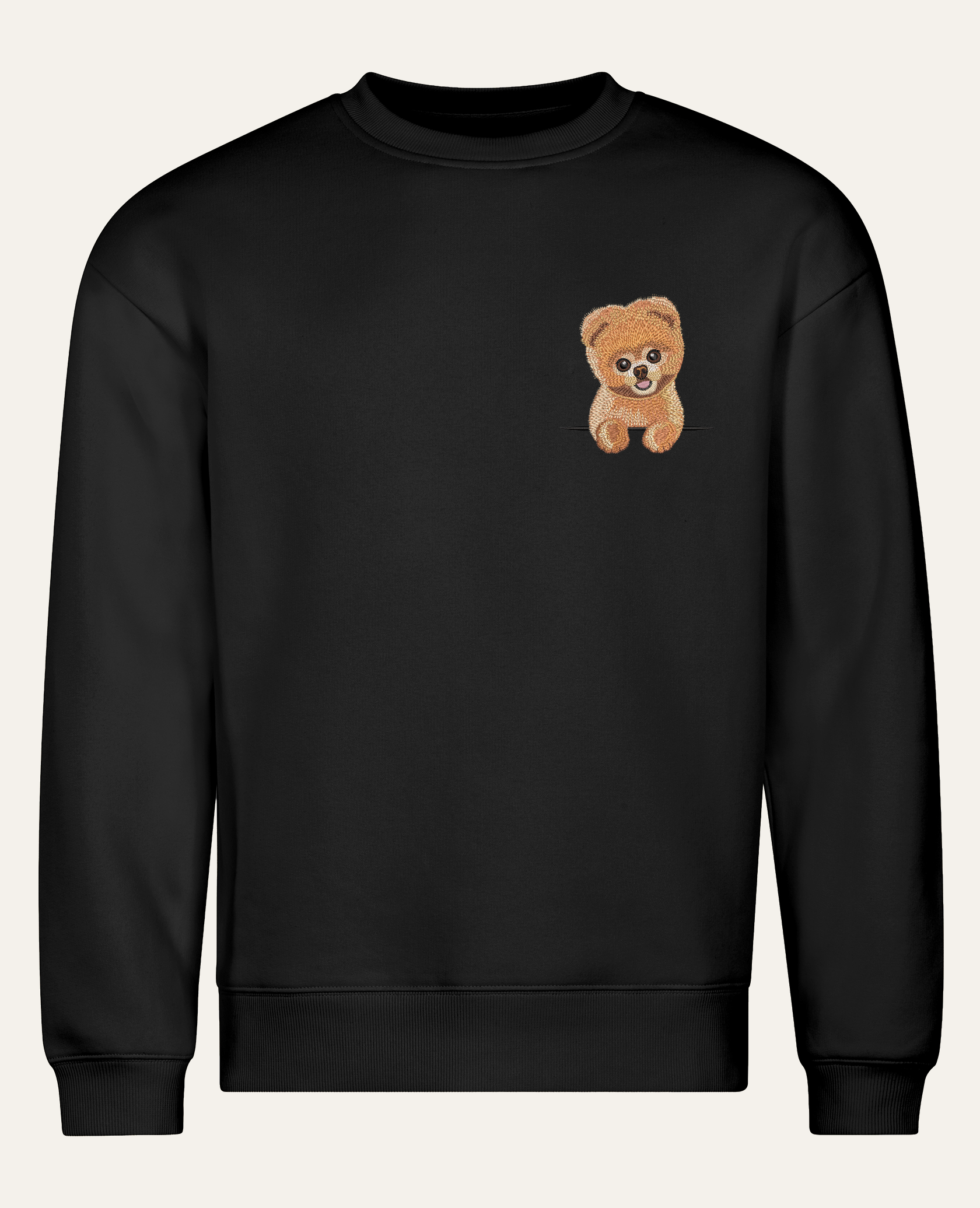 Szpic miniaturowy (Pomeranian) strzyżony (rudy) – bluza z haftem, czarny, cała sylwetka
