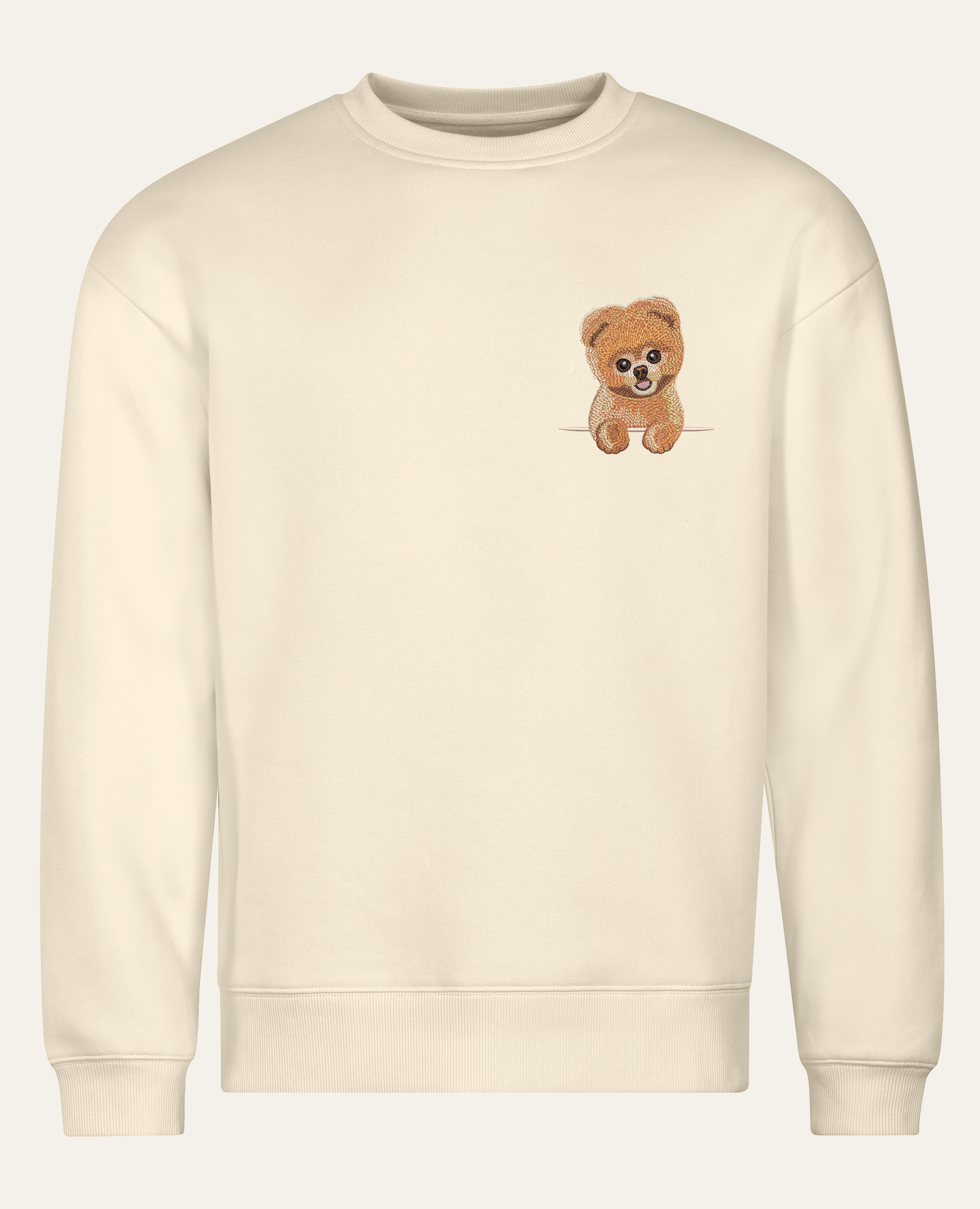 Szpic miniaturowy (Pomeranian) strzyżony (rudy) – bluza z haftem, piaskowy, cała sylwetka