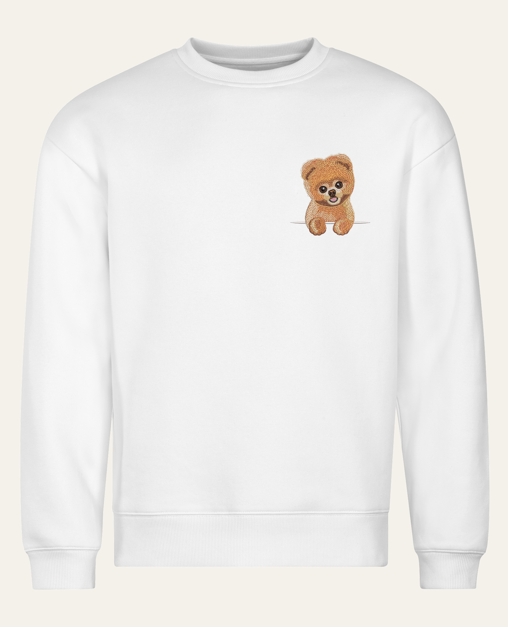 Szpic miniaturowy (Pomeranian) strzyżony (rudy) – bluza z haftem, biały, cała sylwetka