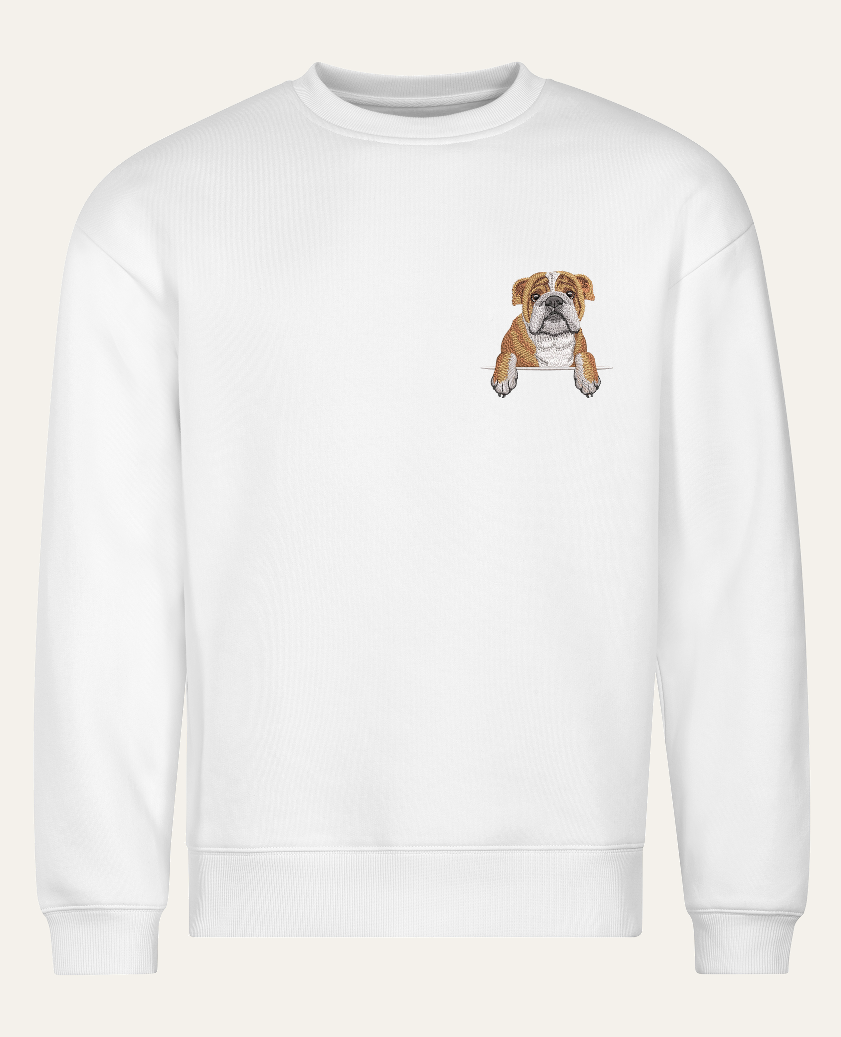 Buldog angielski – bluza z haftem, biały, cała sylwetka