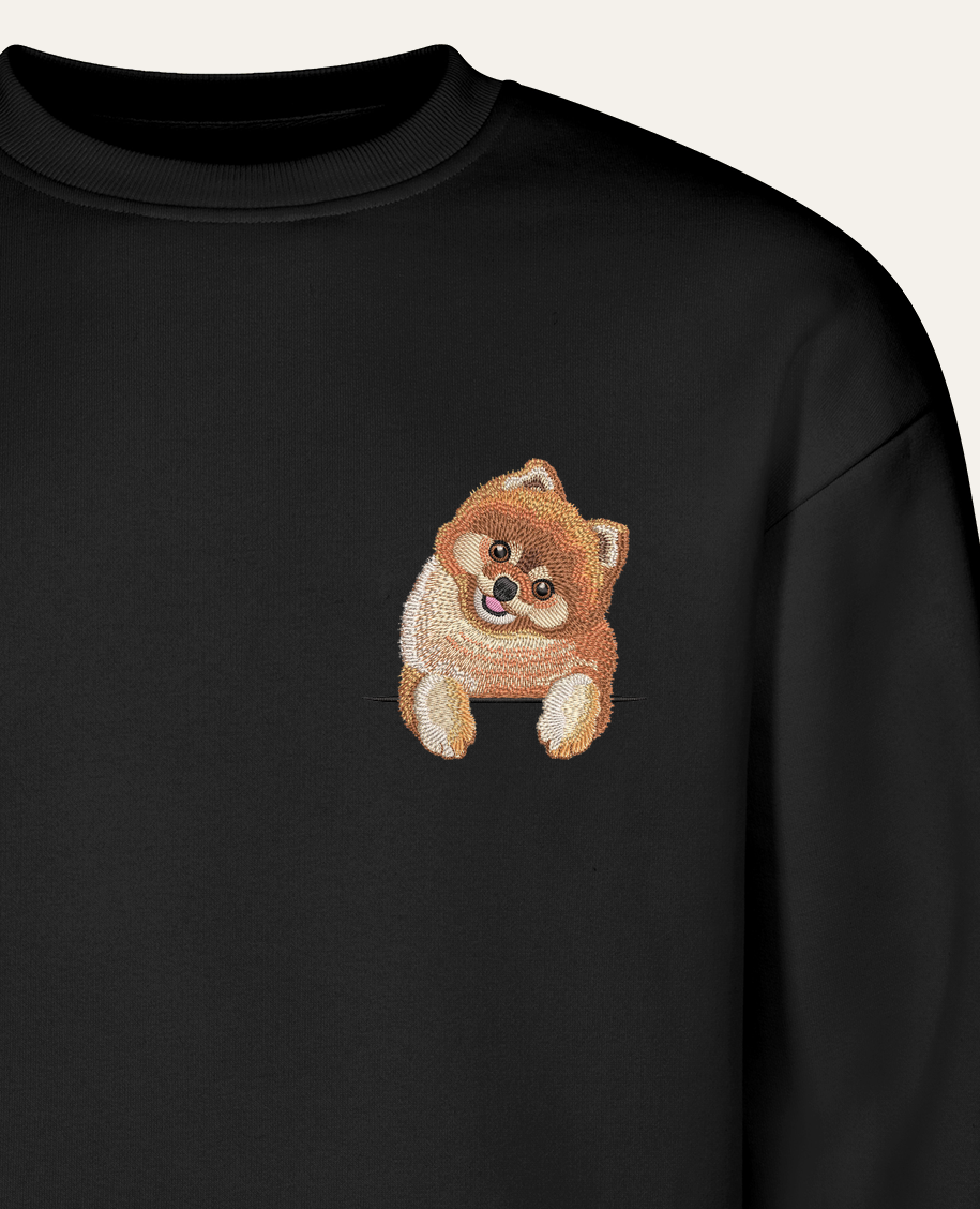 Szpic miniaturowy (Pomeranian) (rudy) – bluza z haftem, czarna (zbliżenie)