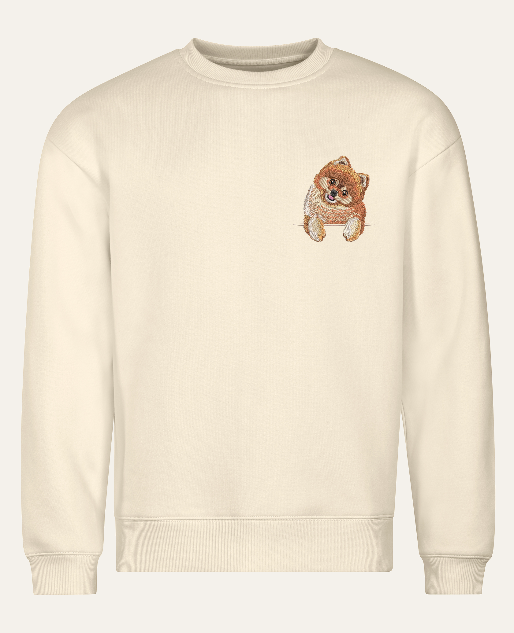 Szpic miniaturowy (Pomeranian) (rudy) – bluza z haftem, piaskowa (cała sylwetka)