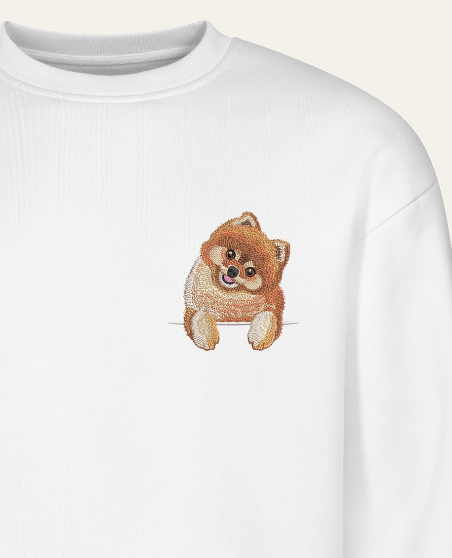Szpic miniaturowy (Pomeranian) (rudy) – bluza z haftem, biała (zbliżenie)