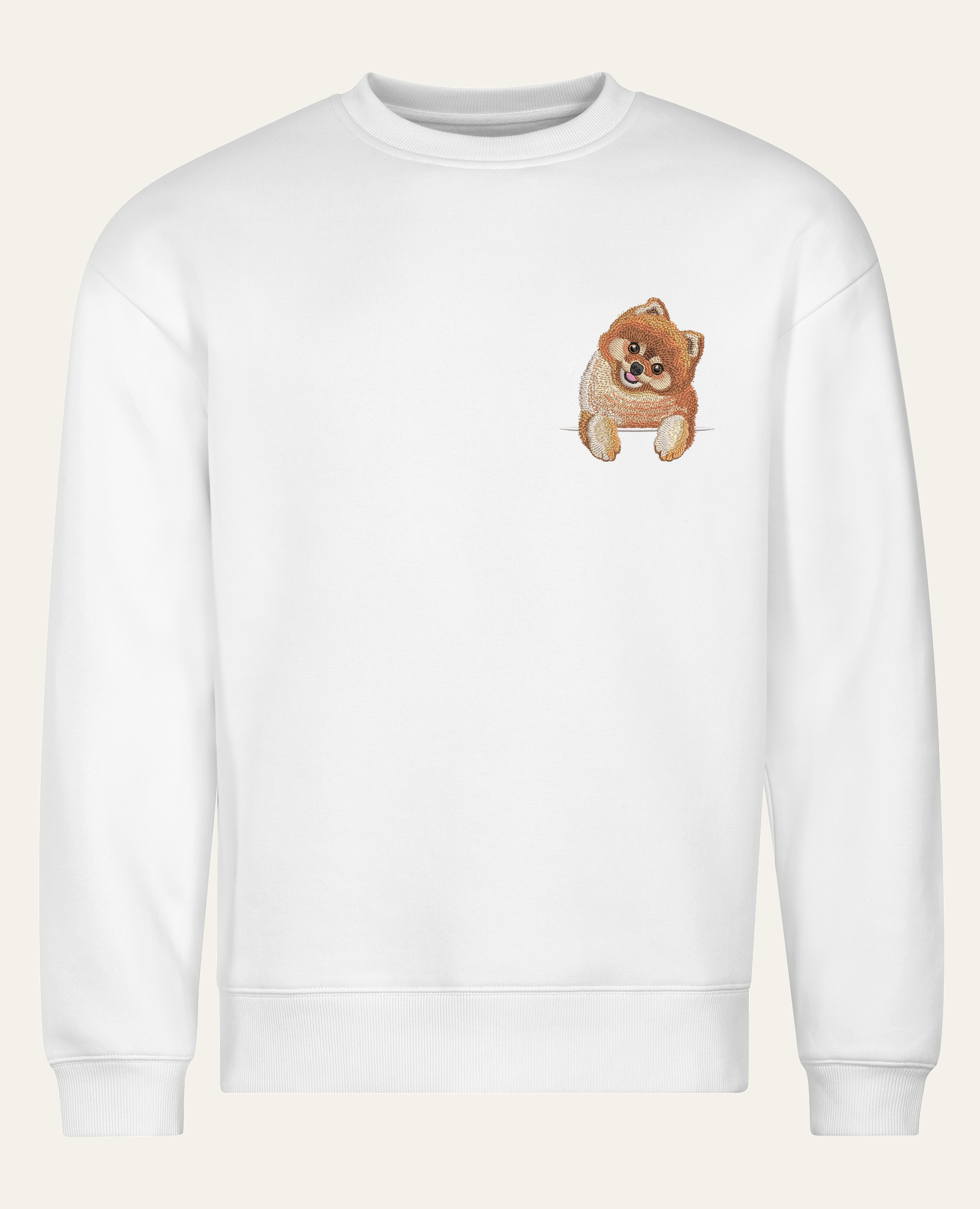 Szpic miniaturowy (Pomeranian) (rudy) – bluza z haftem, biała (cała sylwetka)