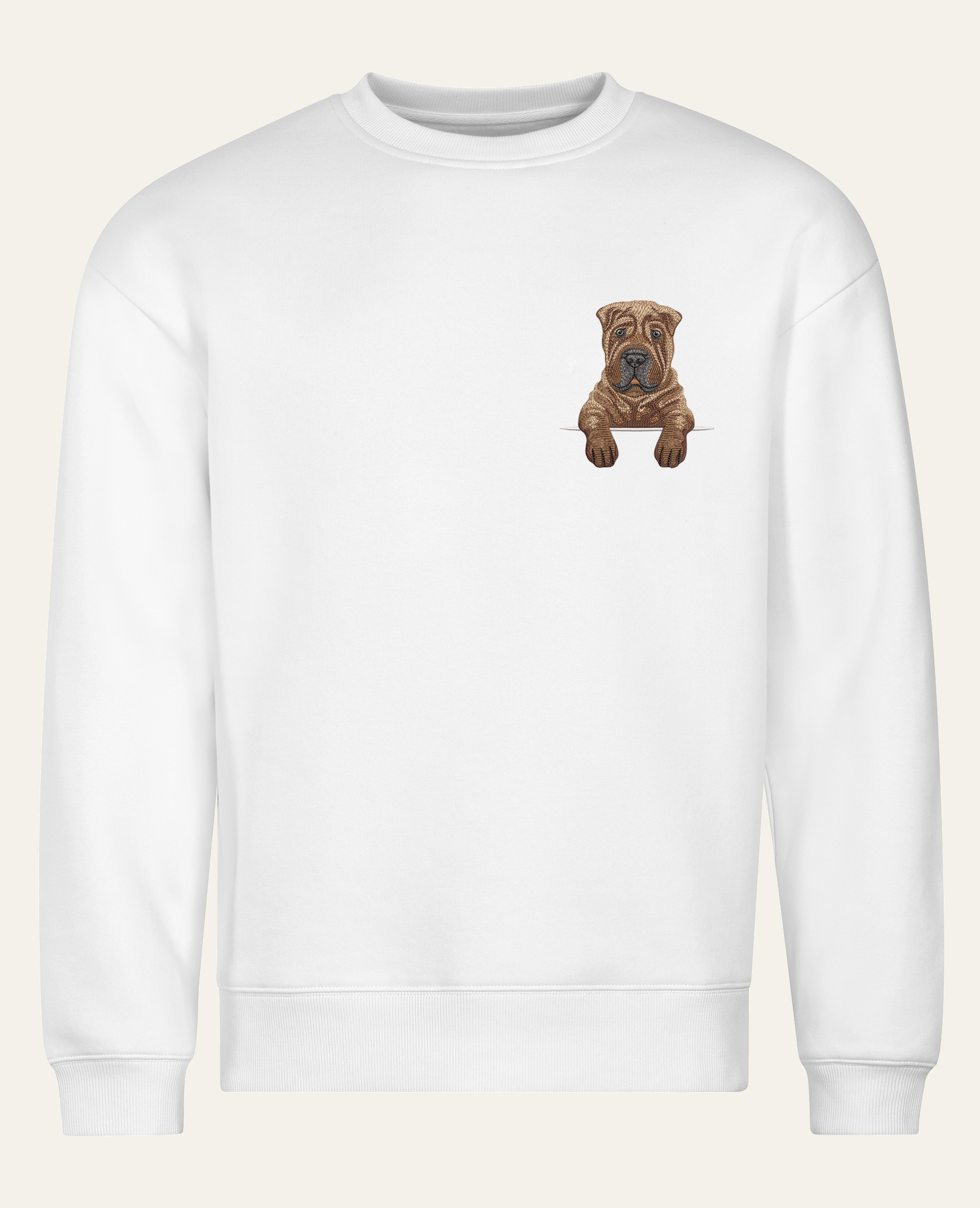 Shar pei (brązowy) – bluza z haftem, biały, cała sylwetka