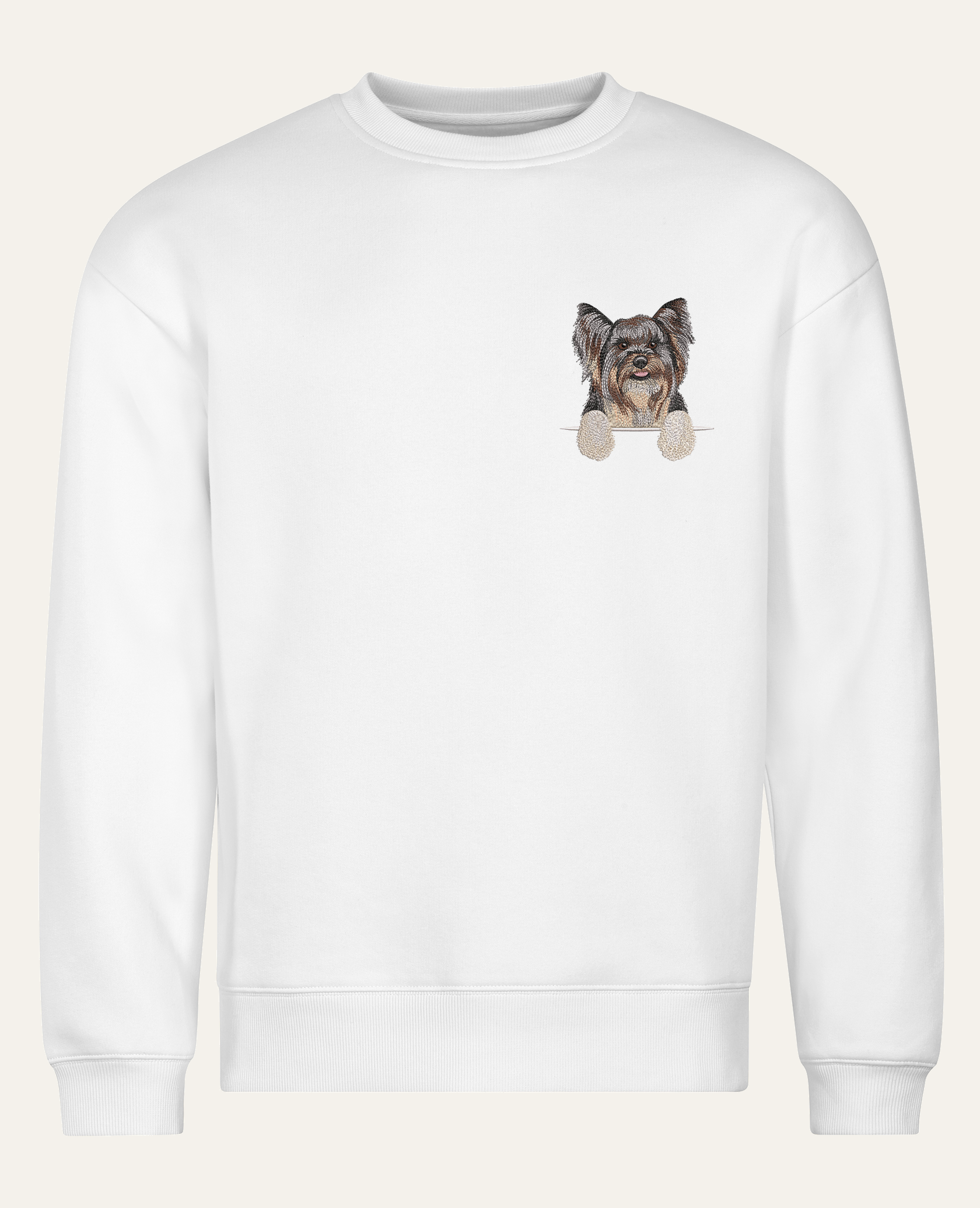 Biewer terrier – bluza z haftem, biały, cała sylwetka