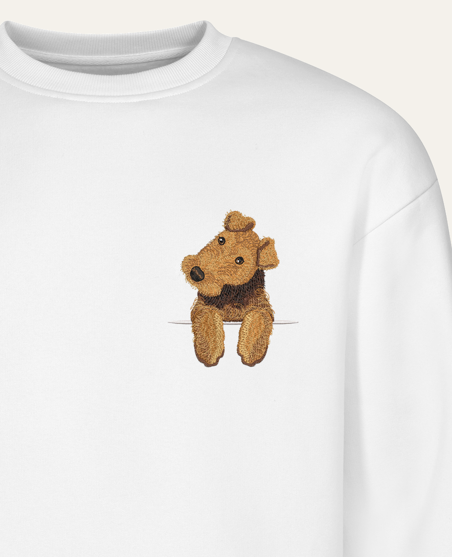 Airedale terrier – bluza z haftem, biały