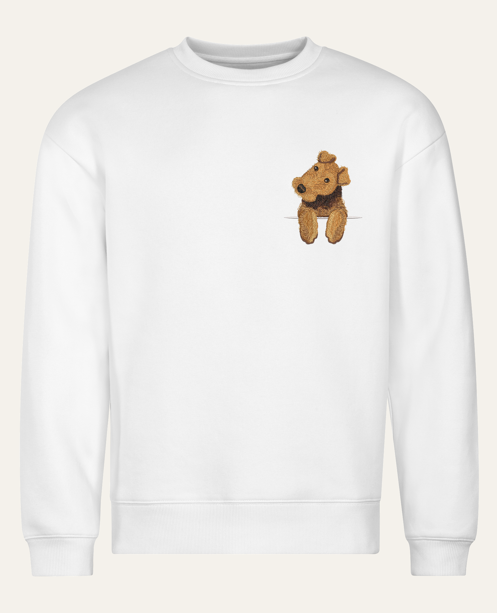 Airedale terrier – bluza z haftem, biały, cała sylwetka