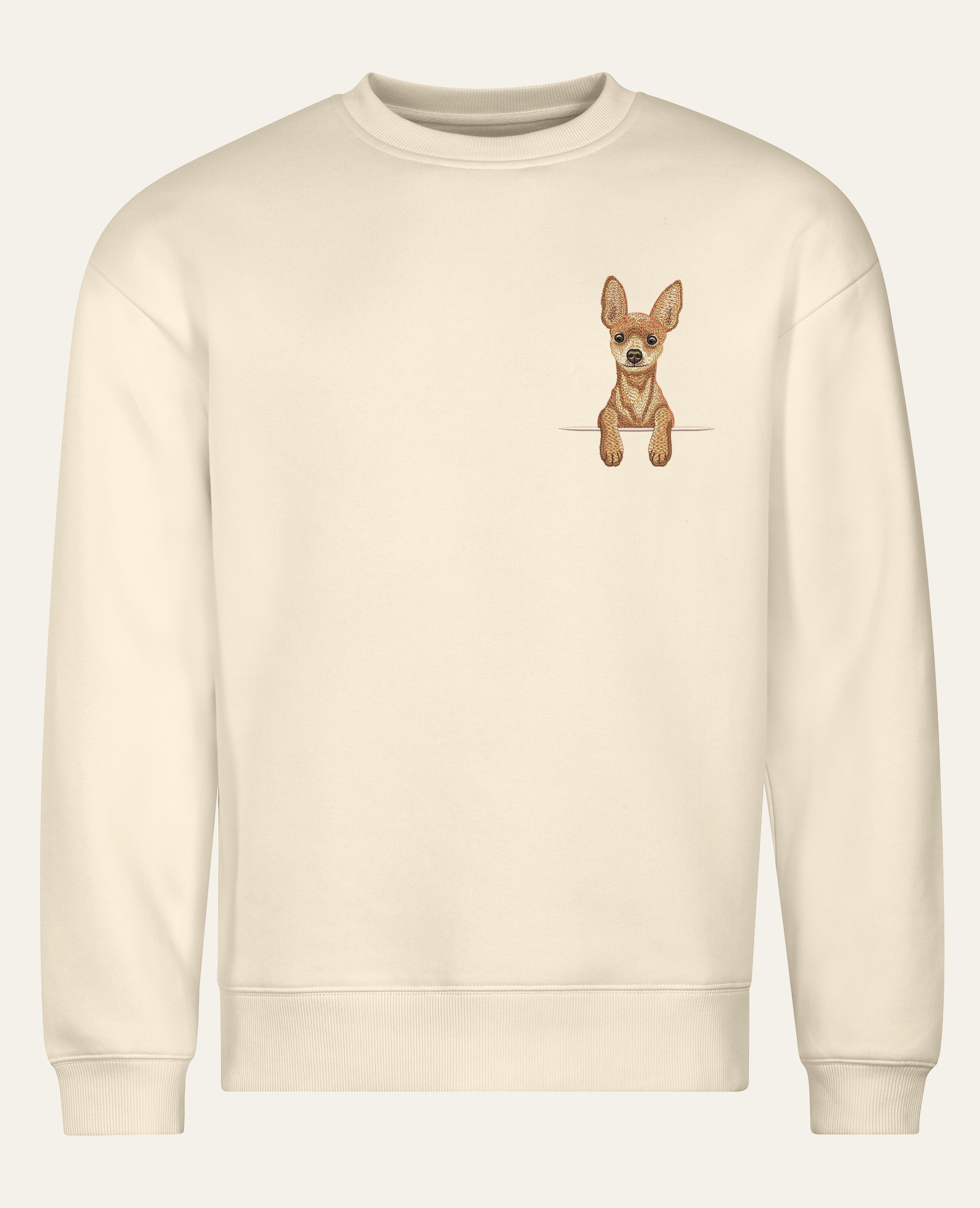 Toy terrier (rudy) – bluza z haftem, piaskowy, cała sylwetka