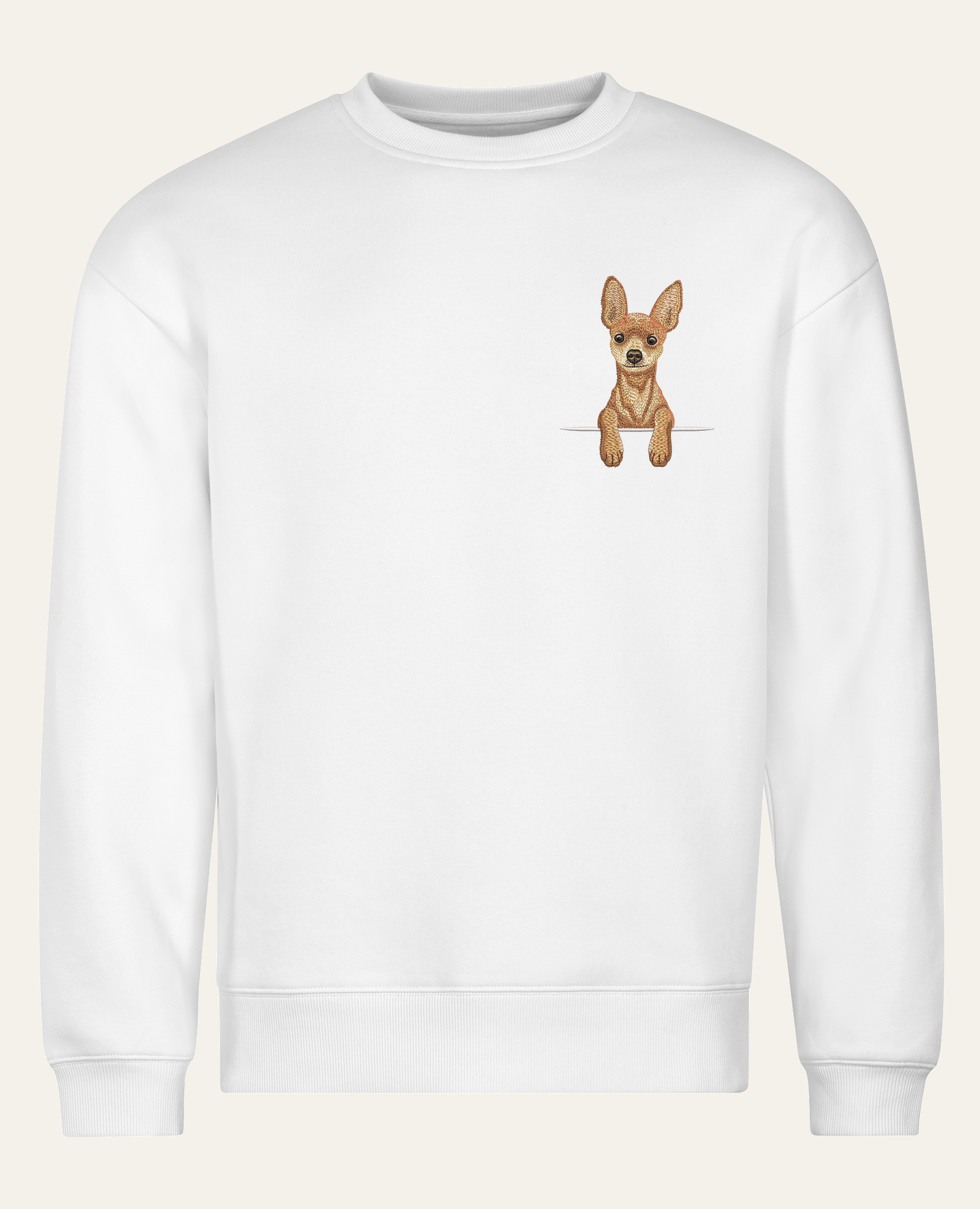Toy terrier (rudy) – bluza z haftem, biały, cała sylwetka