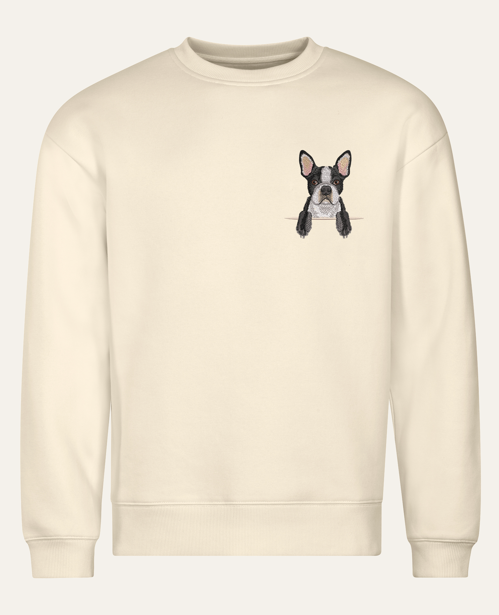 Boston terrier – bluza z haftem, piaskowy, cała sylwetka