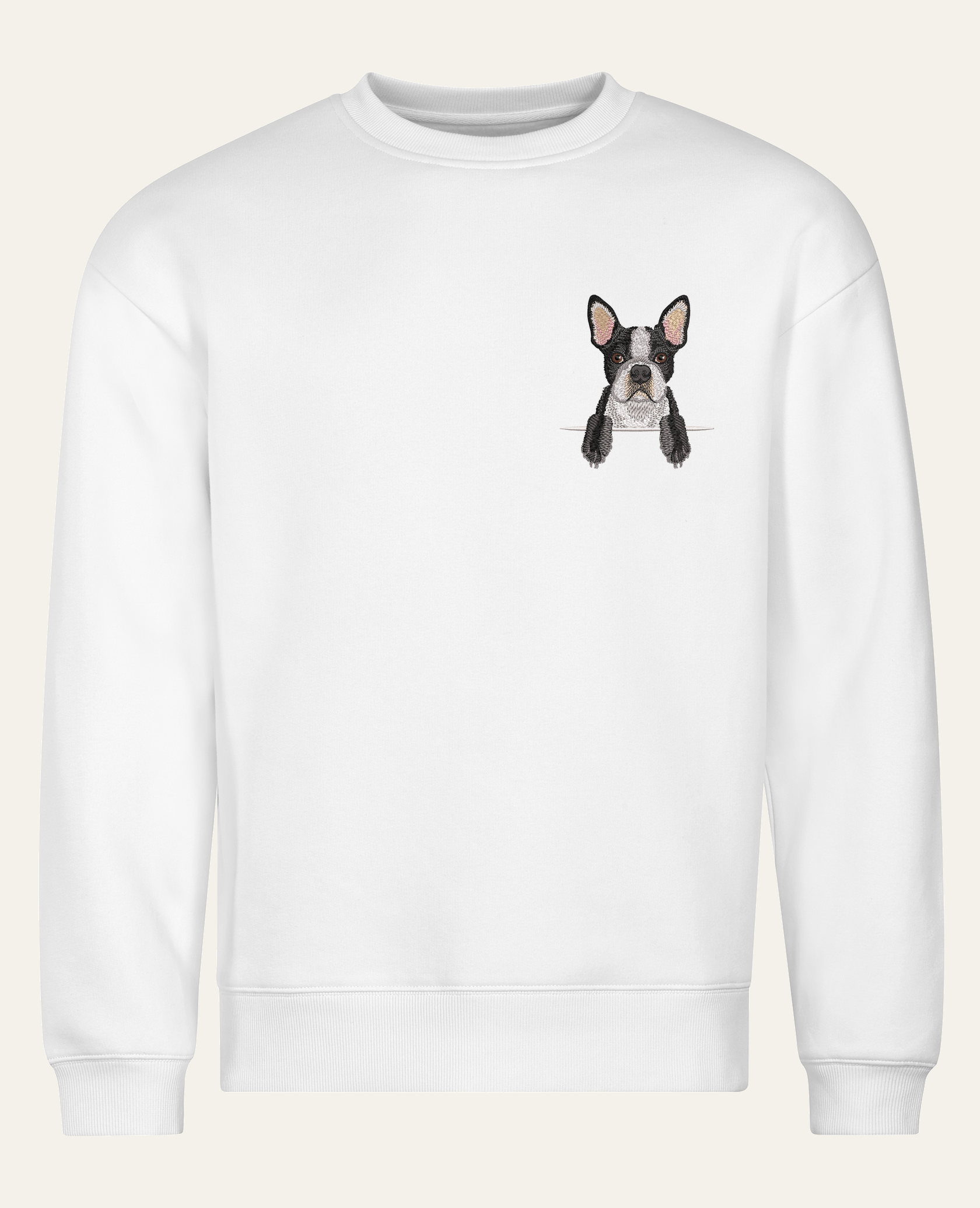 Boston terrier – bluza z haftem, biały, cała sylwetka