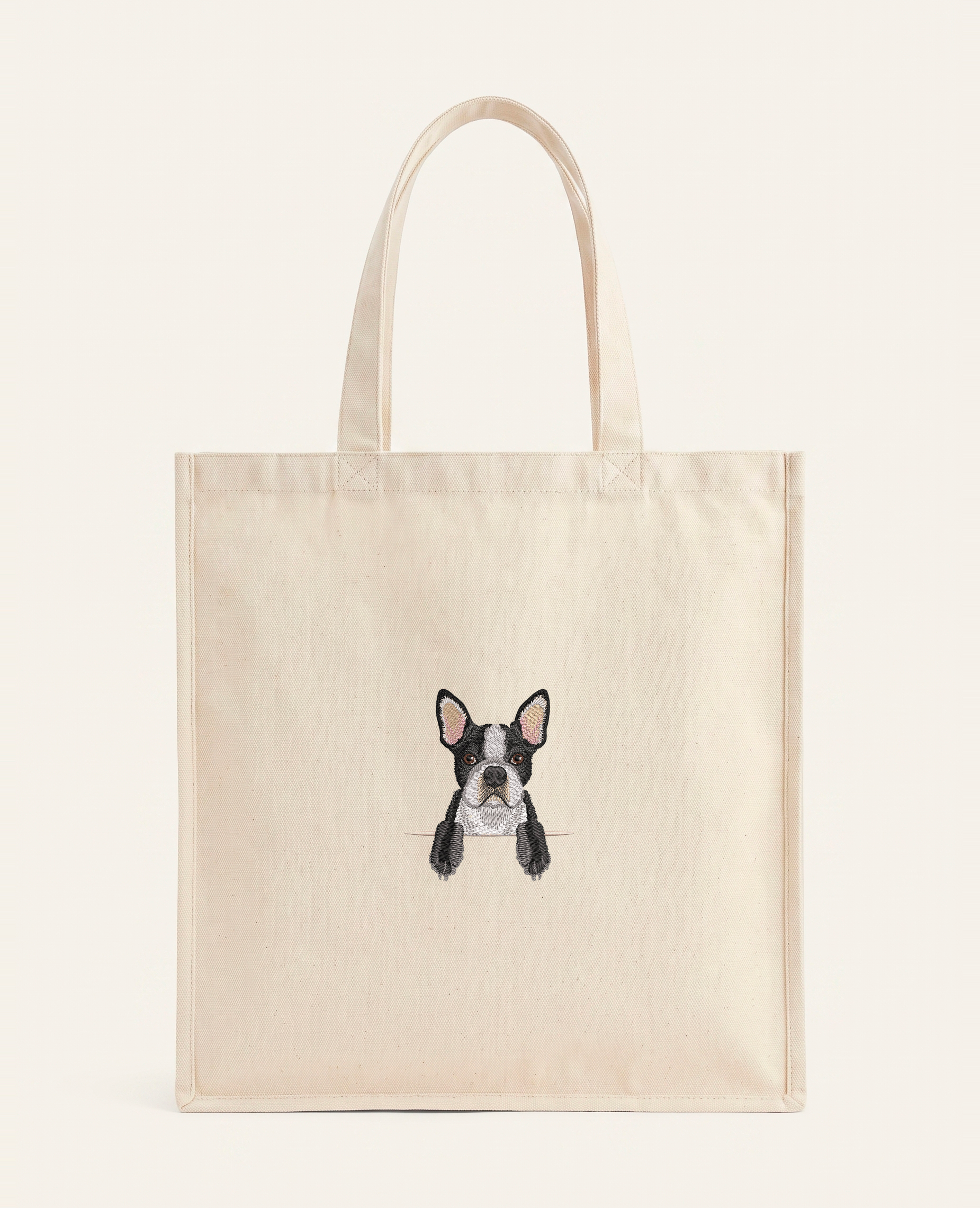 Boston terrier – torba z haftem, piaskowa