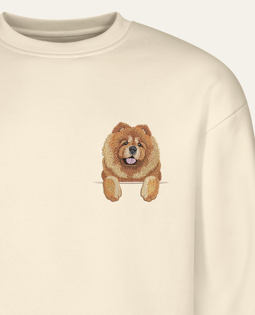 Chow chow (rudy) – bluza z haftem, piaskowa (zbliżenie)