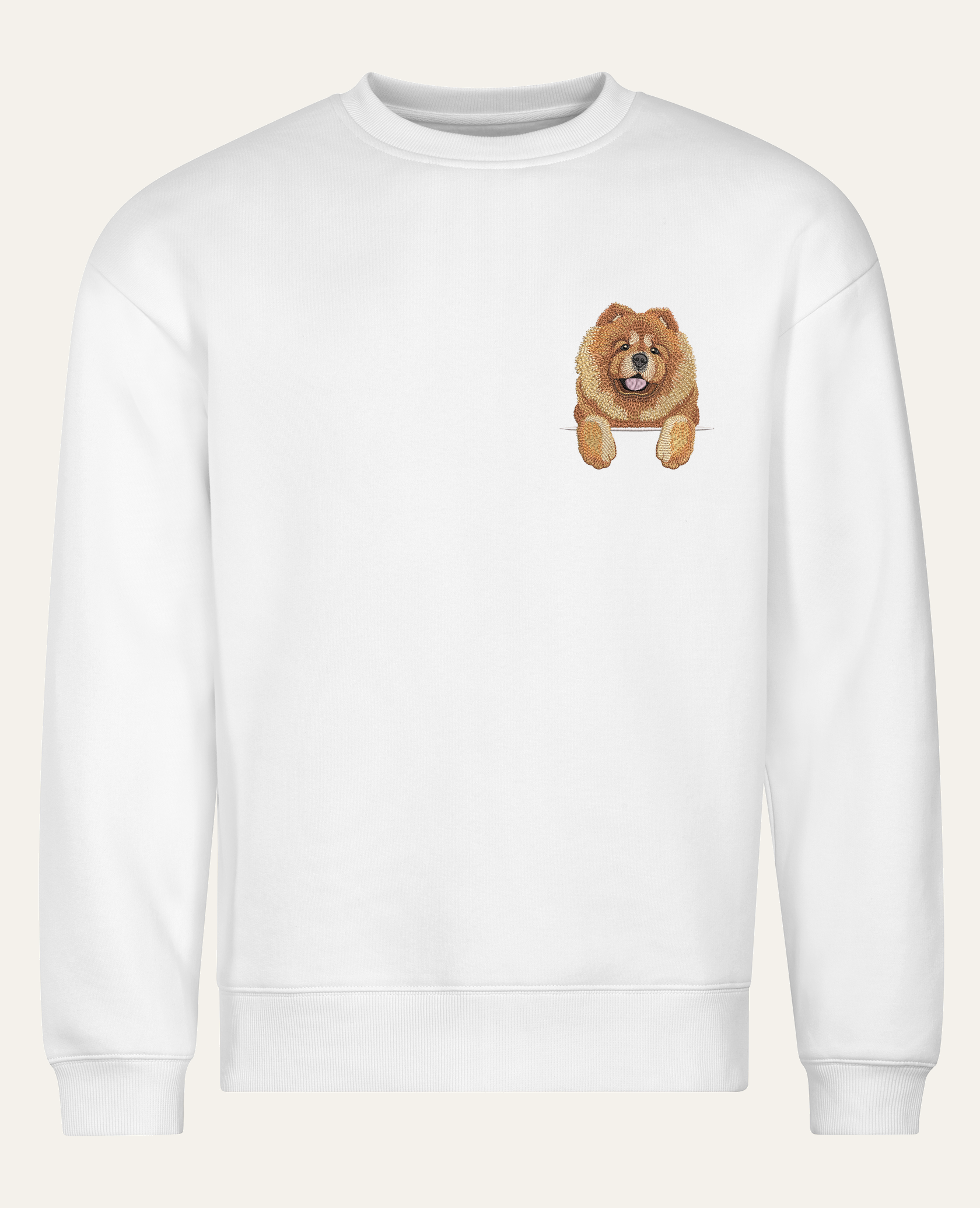 Chow chow (rudy) – bluza z haftem, biała (cała sylwetka)