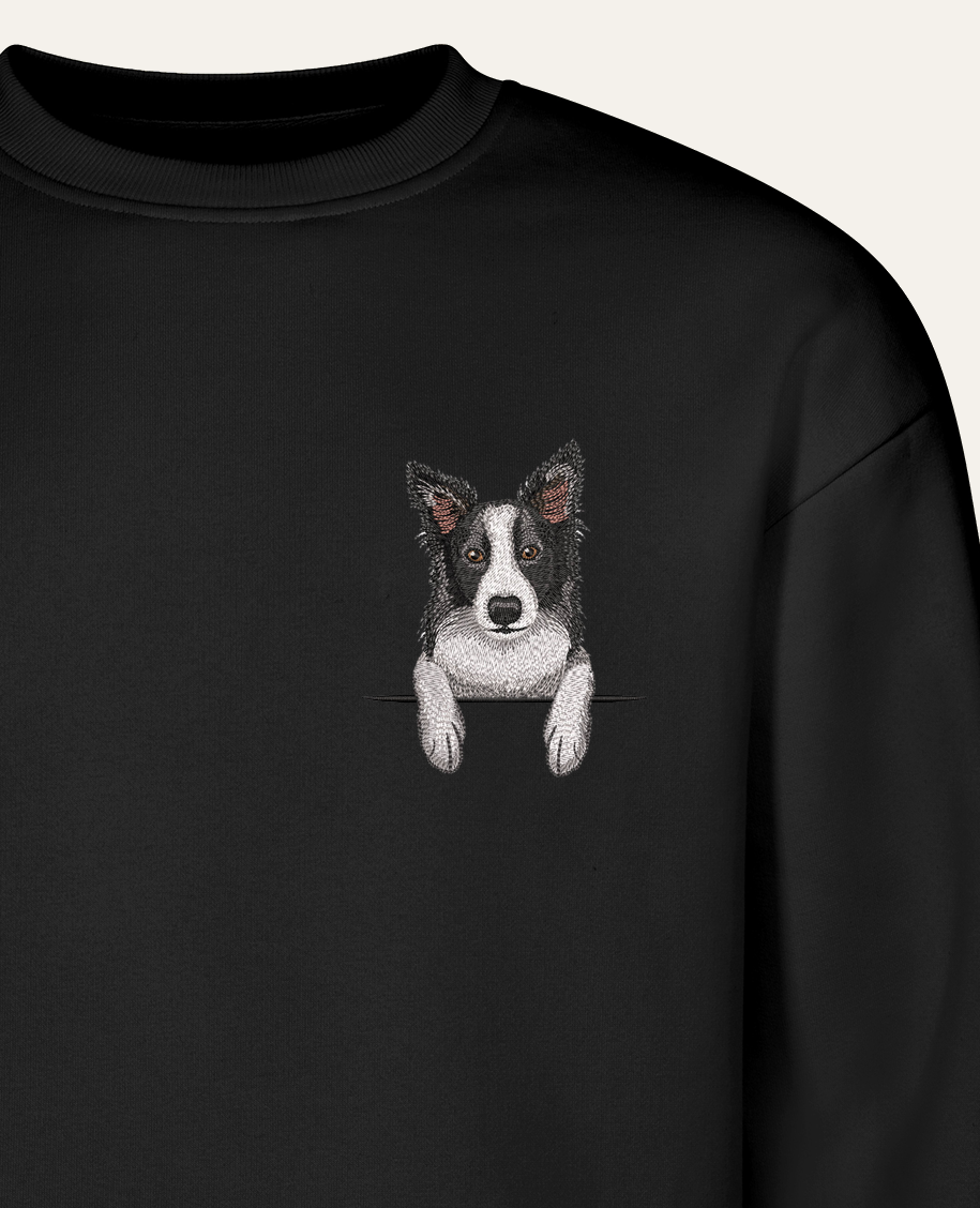 Border collie (czarny) – bluza z haftem, czarna (zbliżenie)