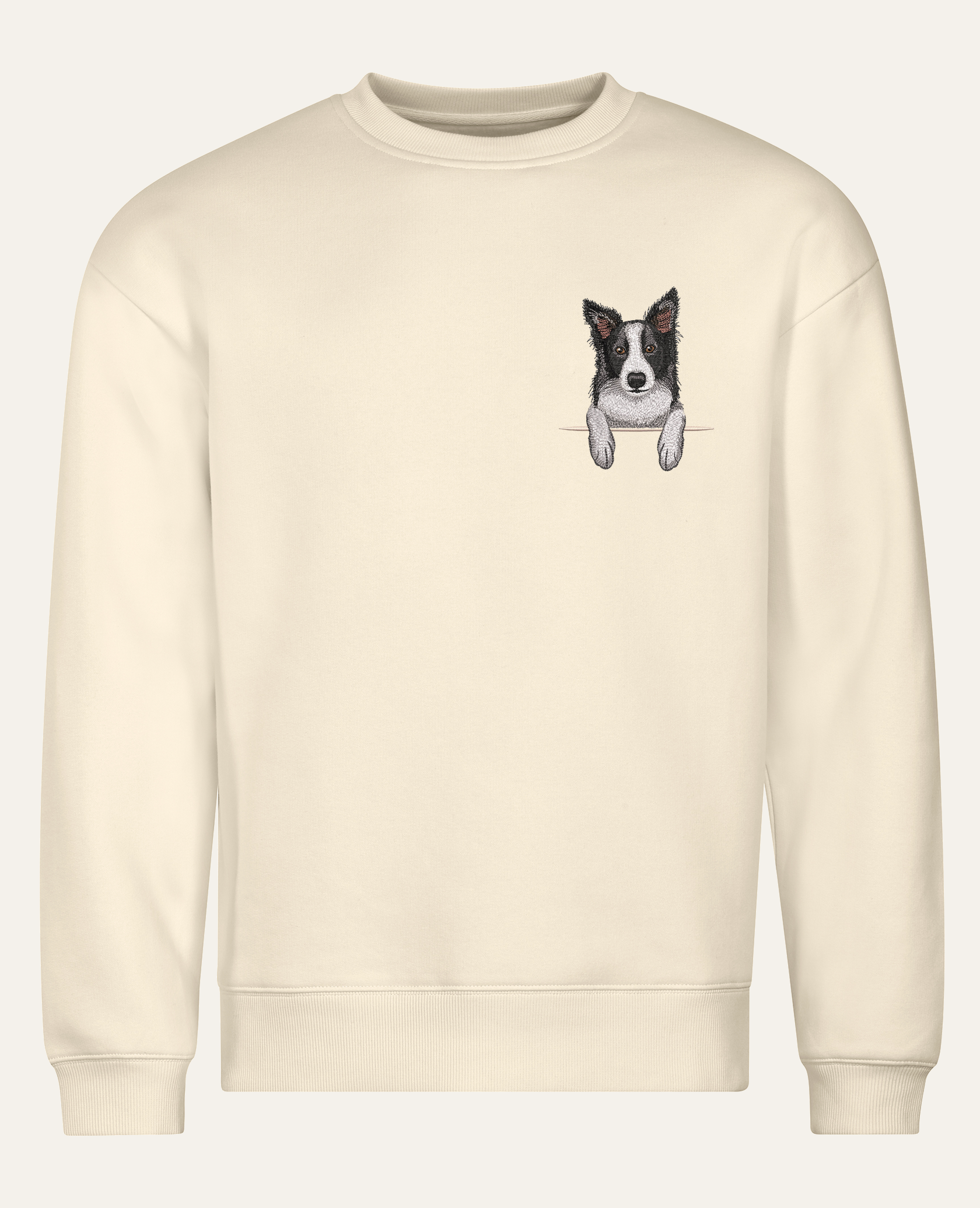Border collie (czarny) – bluza z haftem, piaskowa (cała sylwetka)