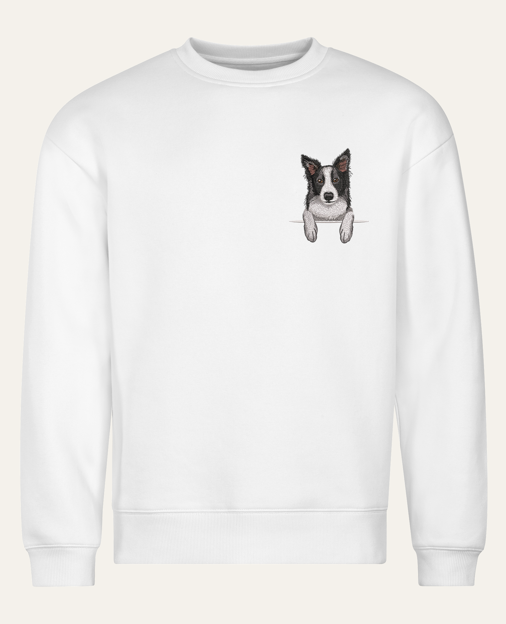 Border collie (czarny) – bluza z haftem, biała (cała sylwetka)