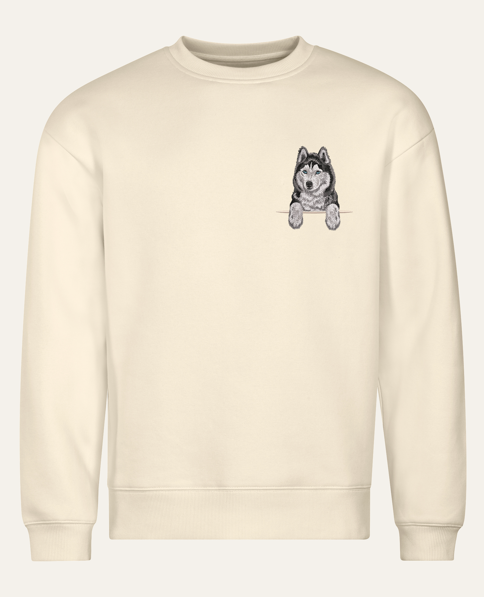 Husky syberyjski (czarny) – bluza z haftem, piaskowa (cała sylwetka)