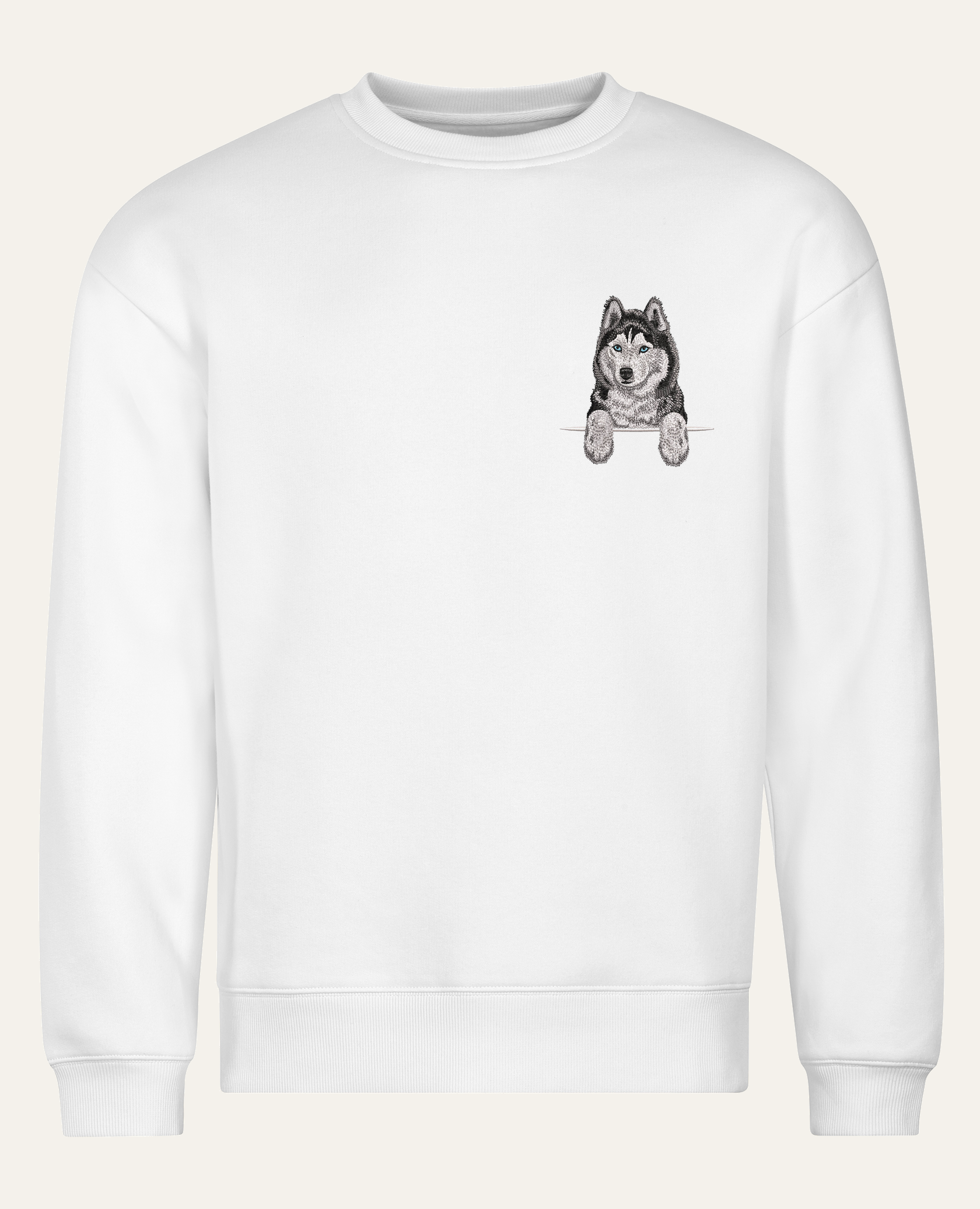 Husky syberyjski (czarny) – bluza z haftem, biała (cała sylwetka)