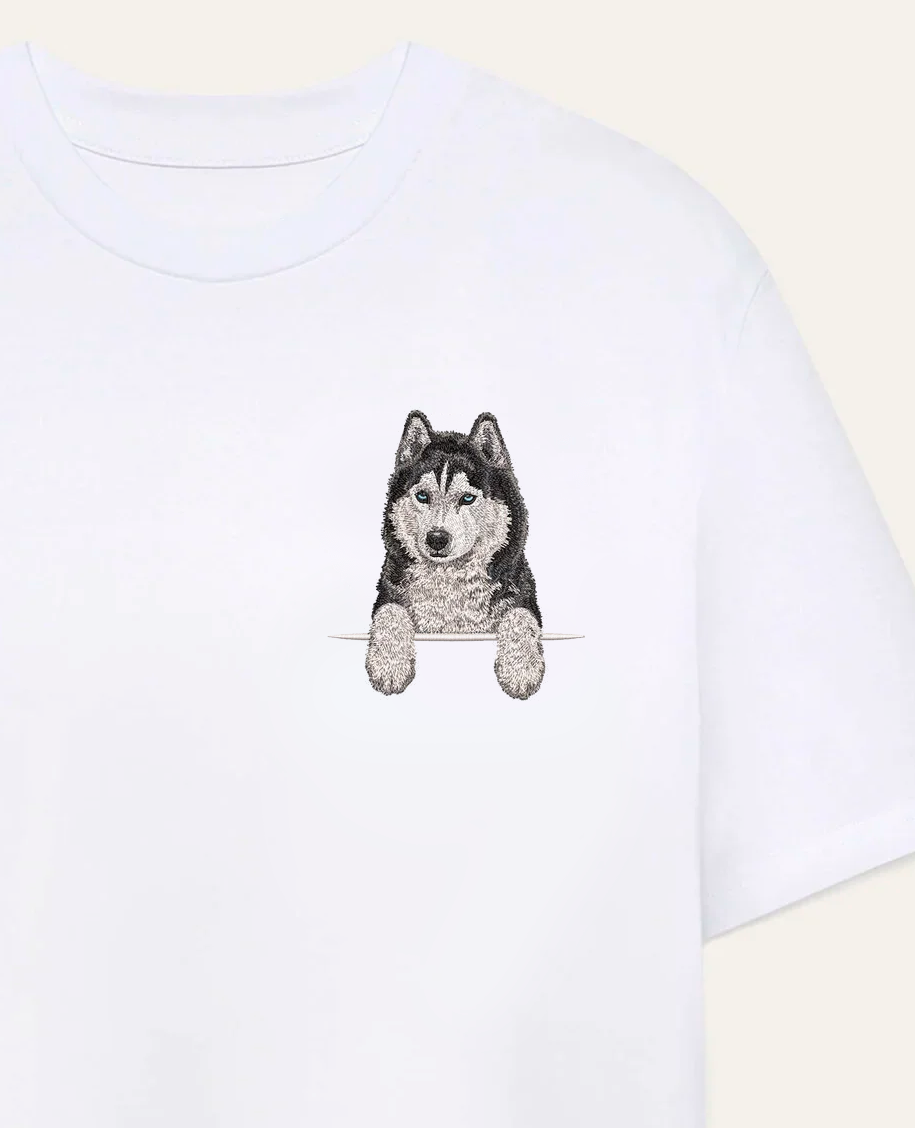 Husky syberyjski (czarny) – koszulka z haftem