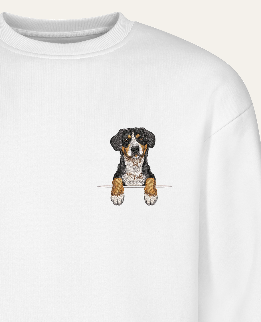 Entlebucher sennenhund – bluza z haftem, biała (zbliżenie)