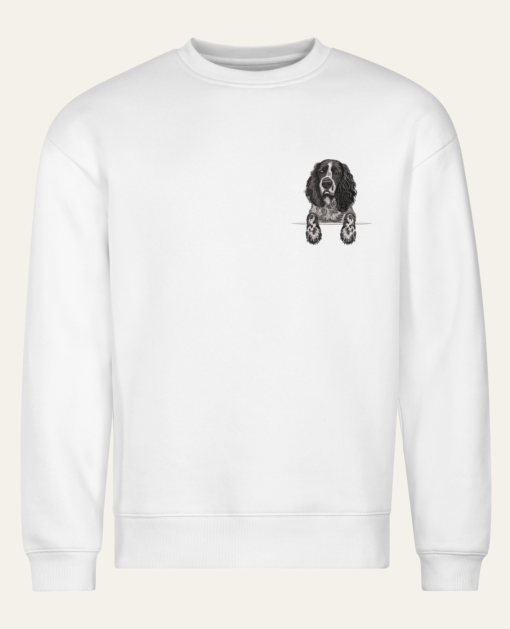 Spaniel rosyjski (czarny) – bluza z haftem, biała (cała sylwetka)