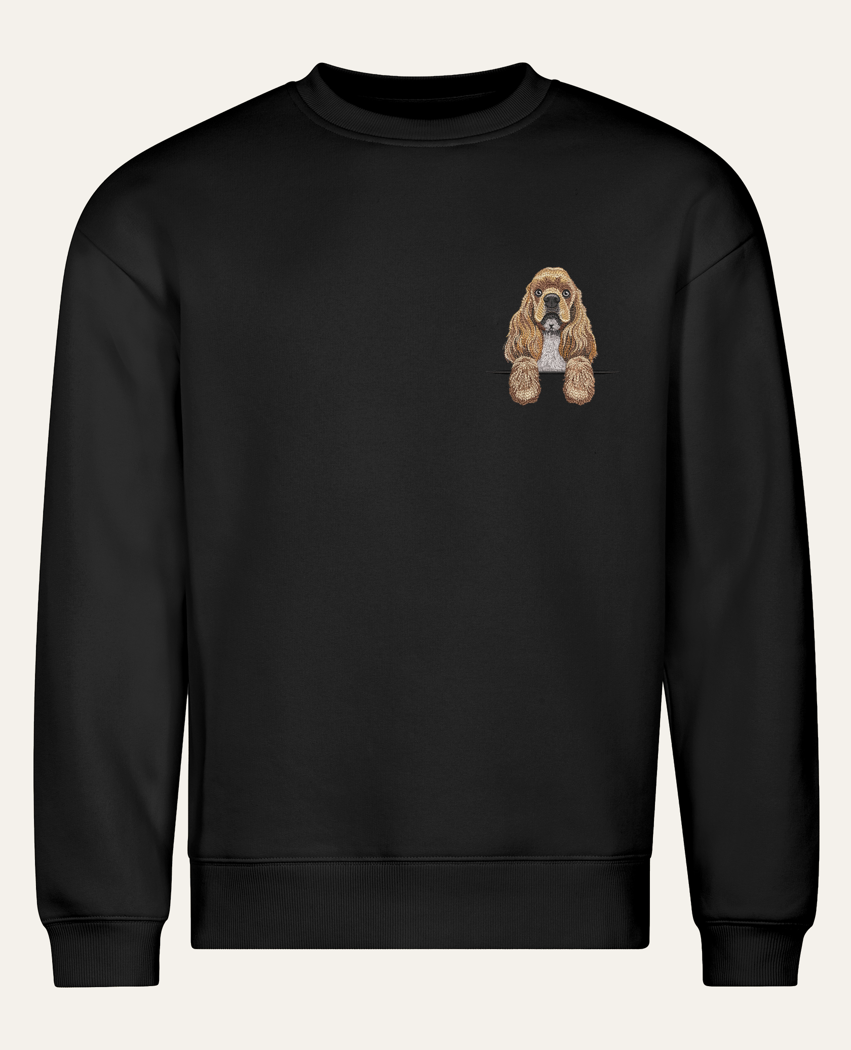 Cocker spaniel amerykański (beżowy) – bluza z haftem, czarna (cała sylwetka)