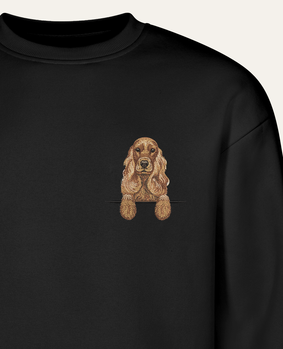 Cocker spaniel angielski (złoty) – bluza z haftem, czarna (zbliżenie)