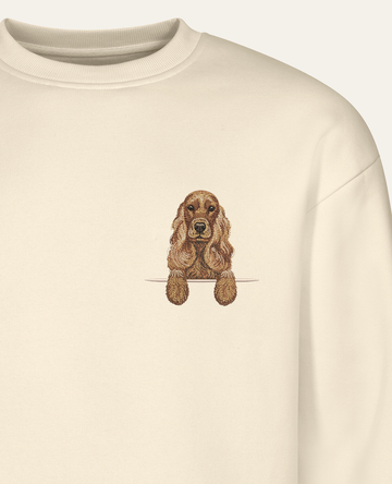 Cocker spaniel angielski (złoty) – bluza z haftem, piaskowa (zbliżenie)