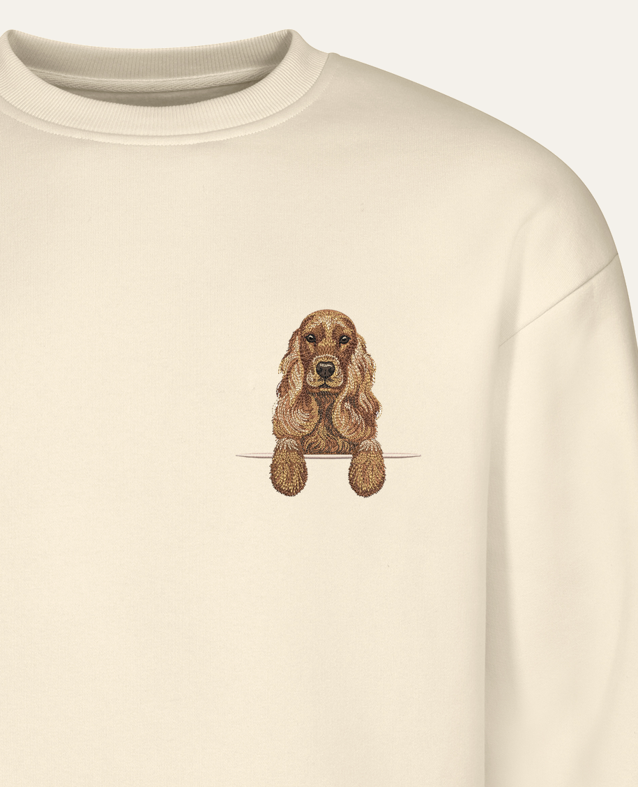 Cocker spaniel angielski (złoty) – bluza z haftem, piaskowa (zbliżenie)