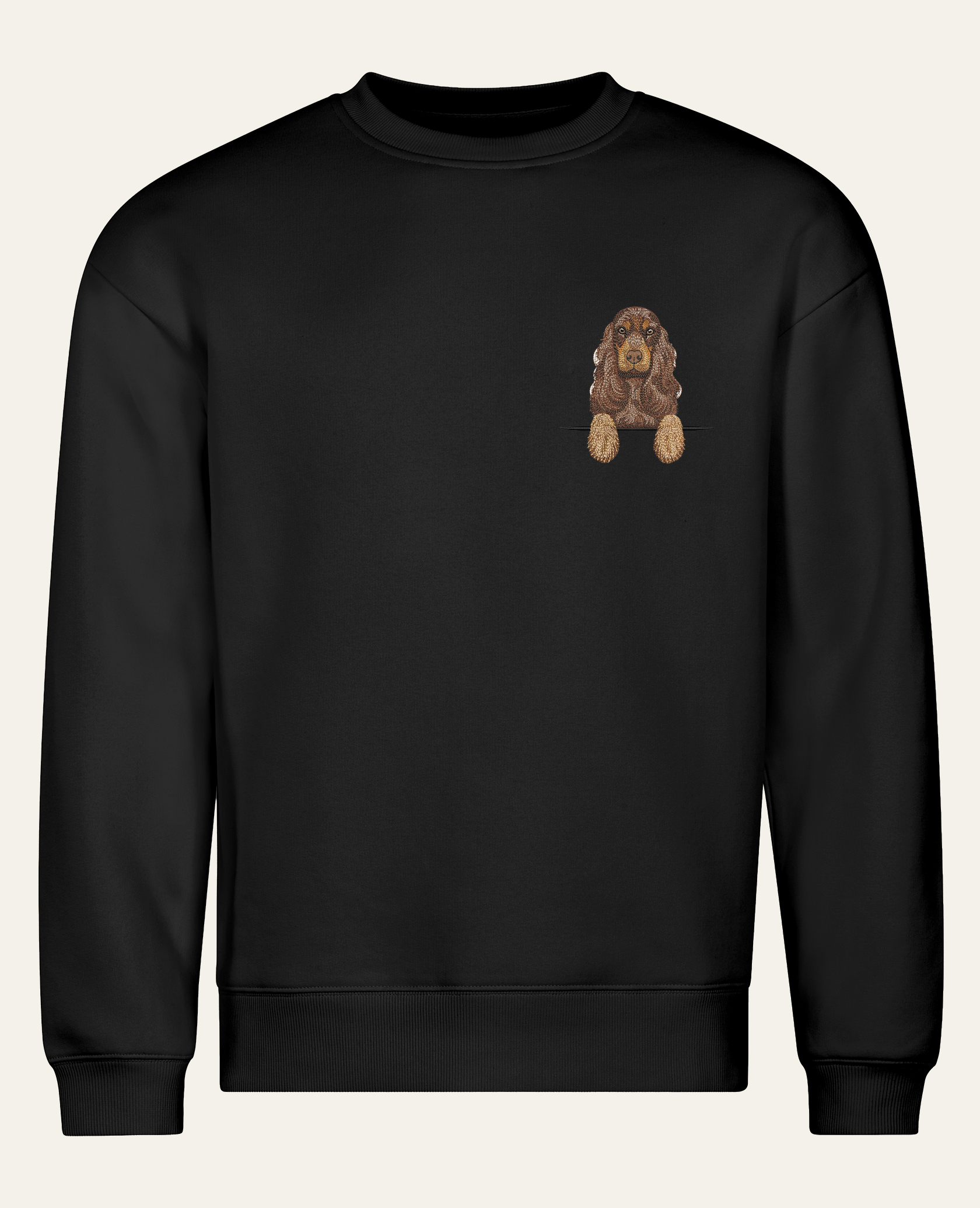 Cocker spaniel angielski (czekoladowo-podpalany) – bluza z haftem, czarna (cała sylwetka)