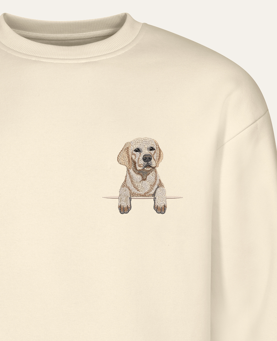 Labrador retriever (złoty) – bluza z haftem, piaskowa (zbliżenie)