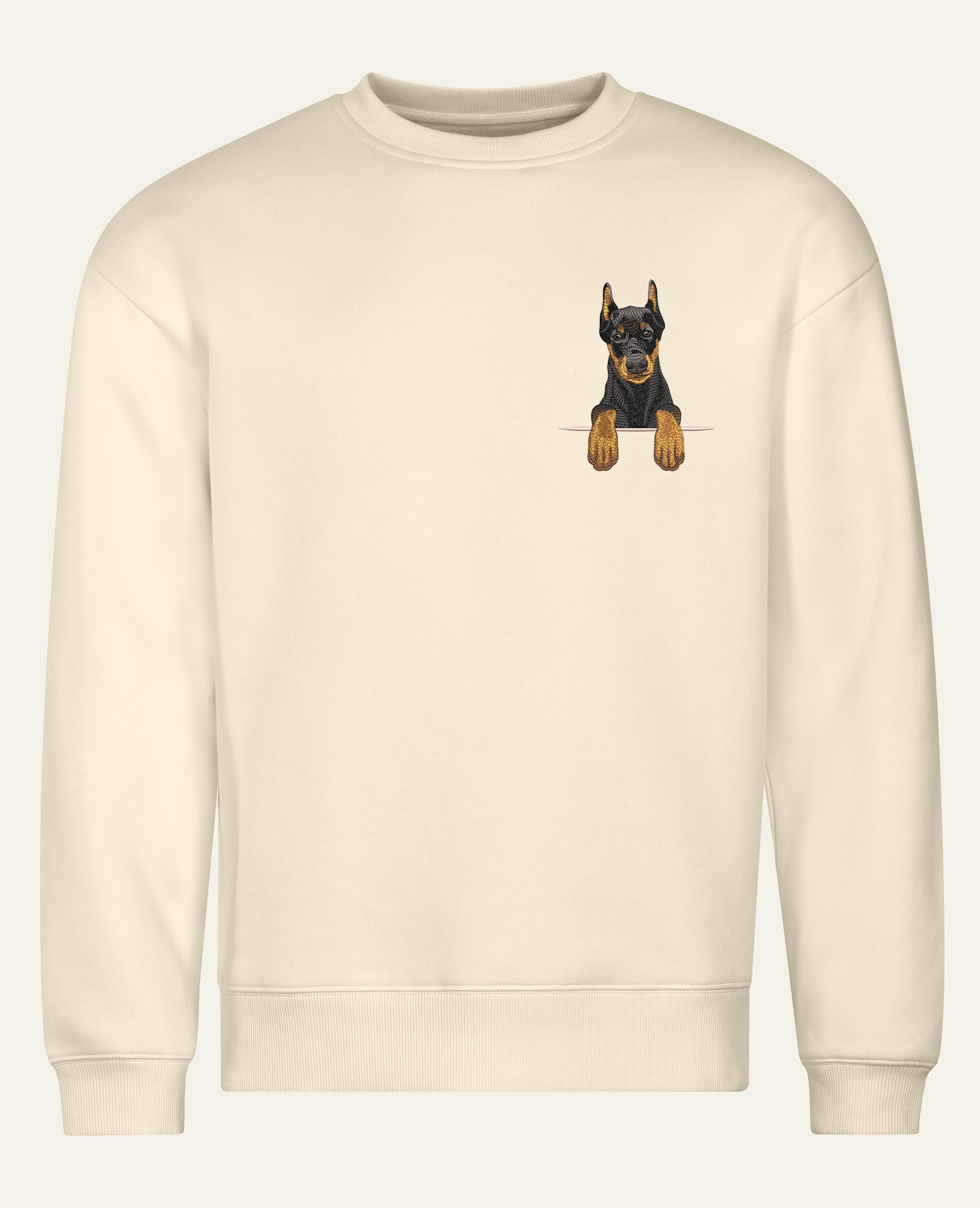 Doberman (czarny) – bluza z haftem, piaskowa (cała sylwetka)