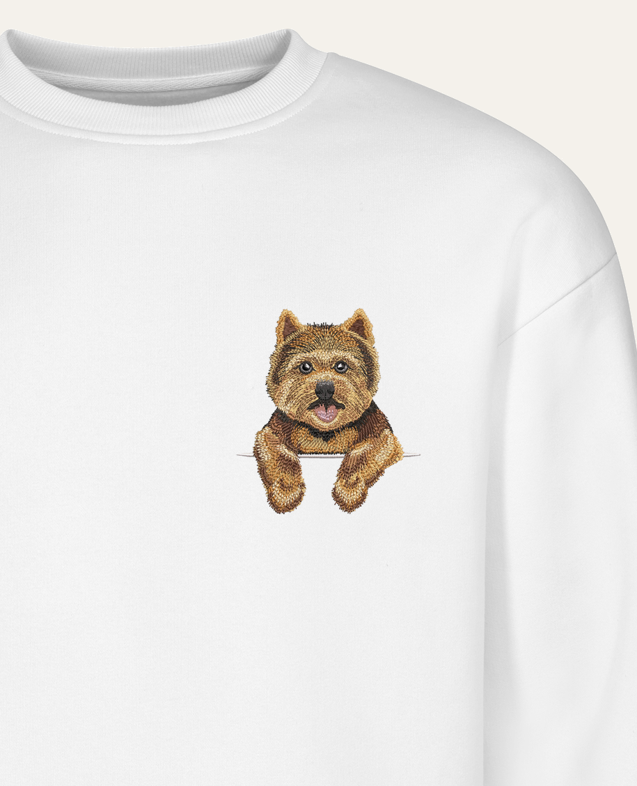 Norwich terrier (czarno-rudy) – bluza z haftem, biała (zbliżenie)