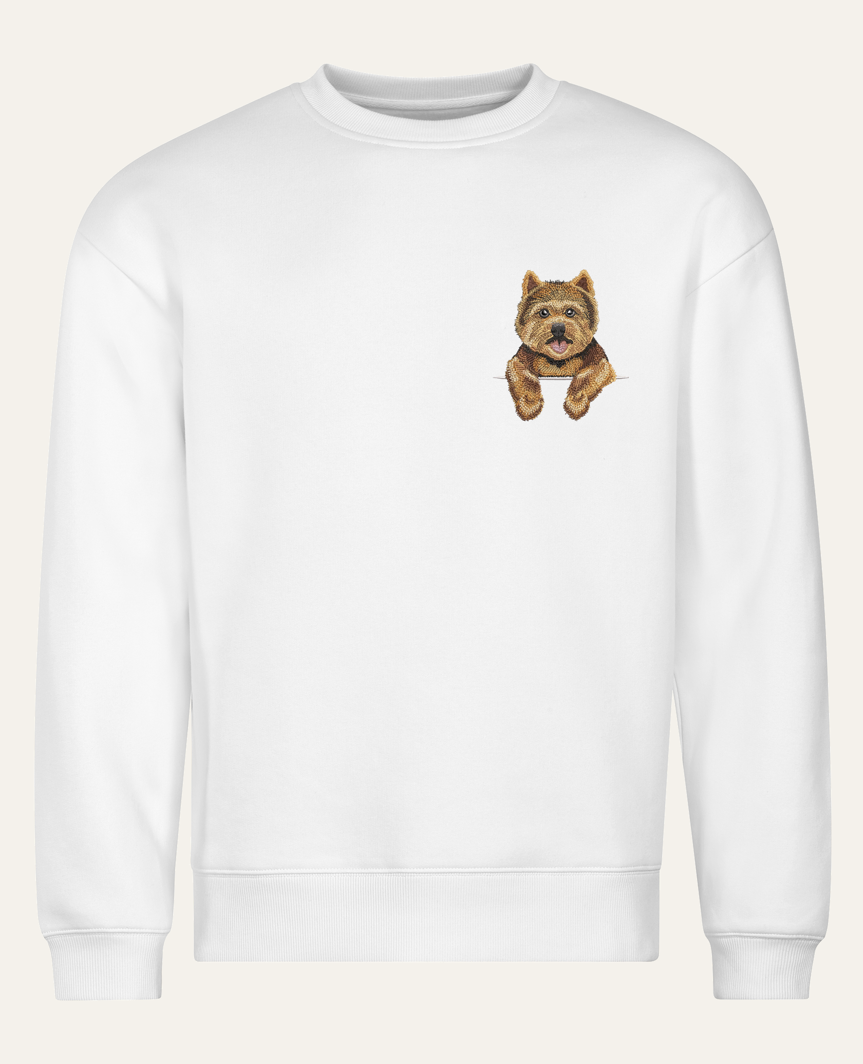 Norwich terrier (czarno-rudy) – bluza z haftem, biała (cała sylwetka)