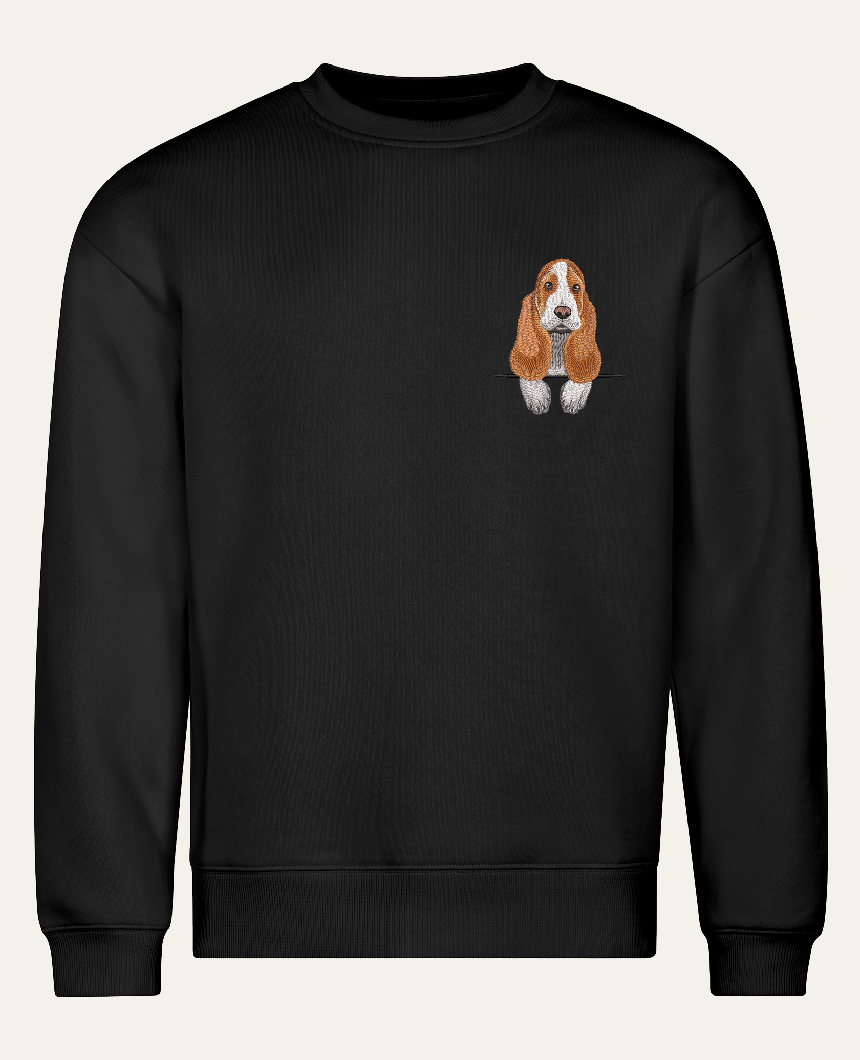 Basset hound – bluza z haftem, czarna (cała sylwetka)