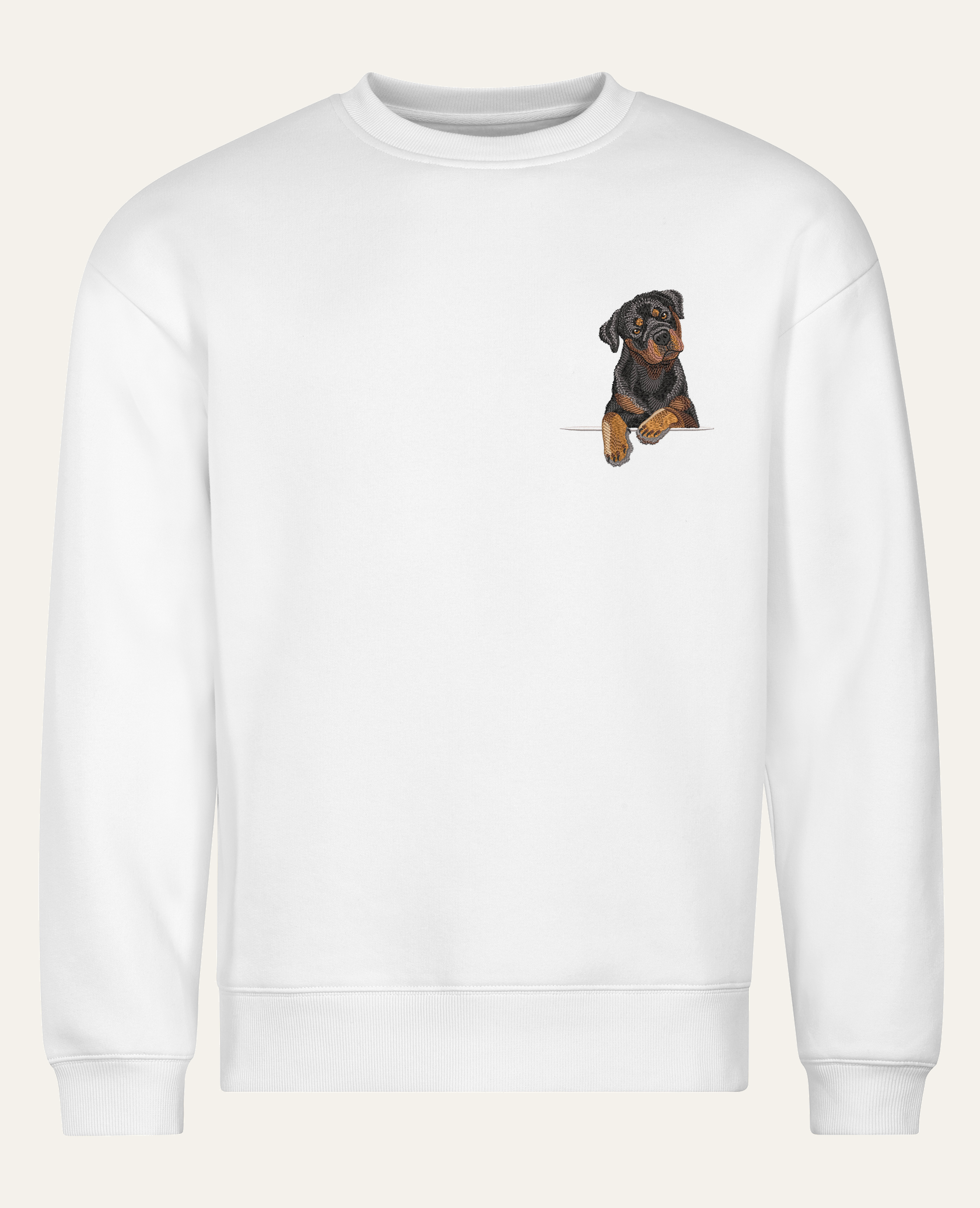 Rottweiler – bluza z haftem, biała (cała sylwetka)
