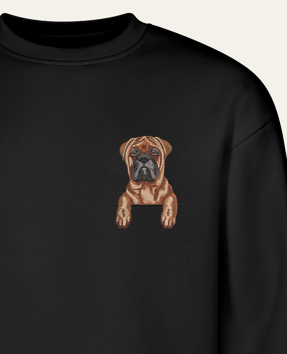 Bullmastiff – bluza z haftem, czarna (zbliżenie)