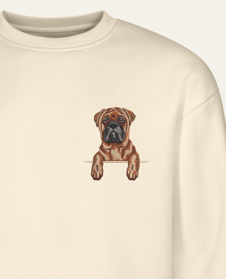 Bullmastiff – bluza z haftem, piaskowa (zbliżenie)