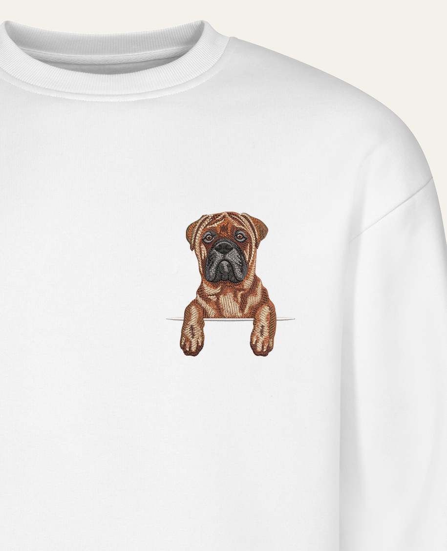 Bullmastiff – bluza z haftem, biała (zbliżenie)